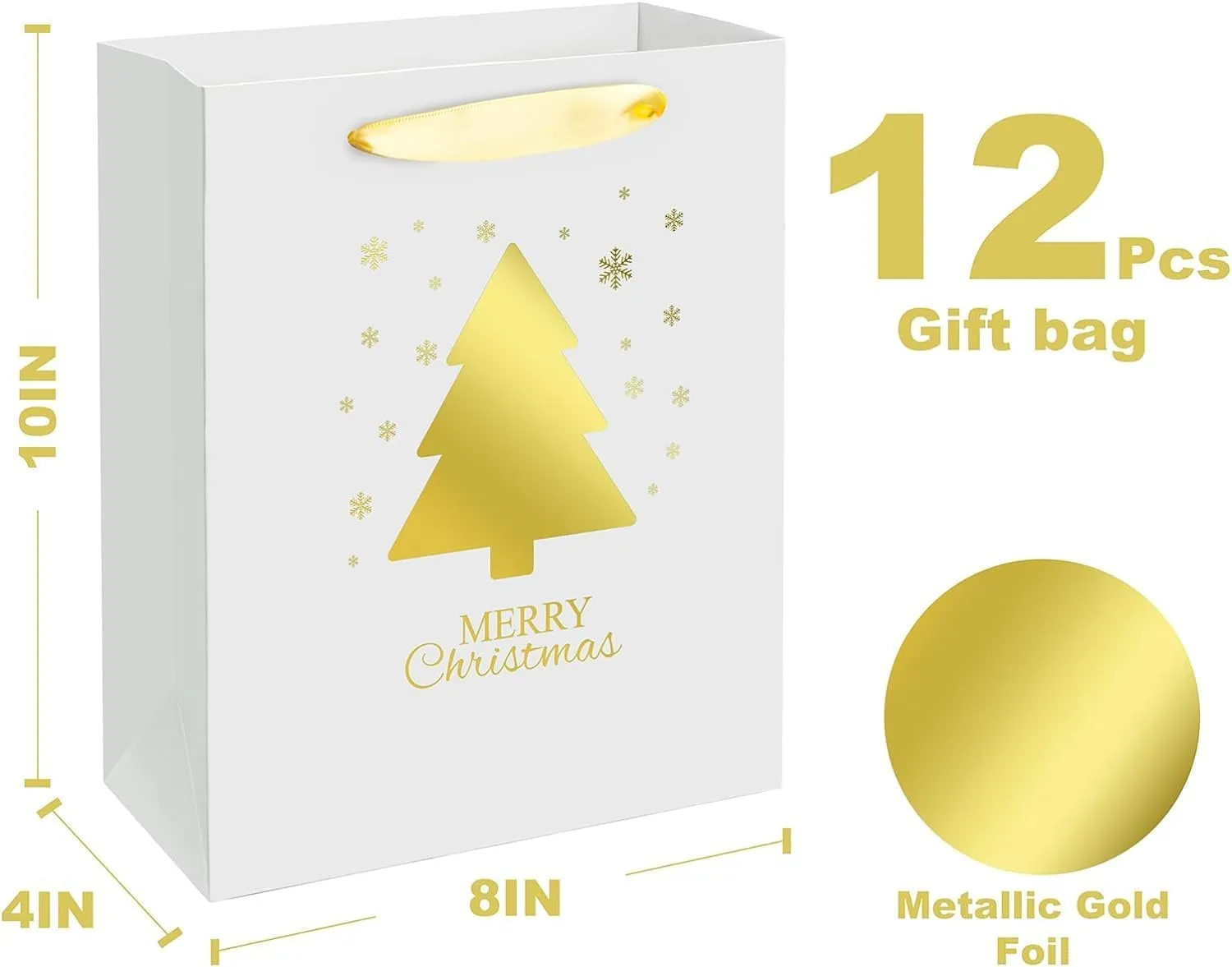 12 PCS Christmas Holiday Foil Gold Gift Bags,4 Designs,Perfect for Christmas