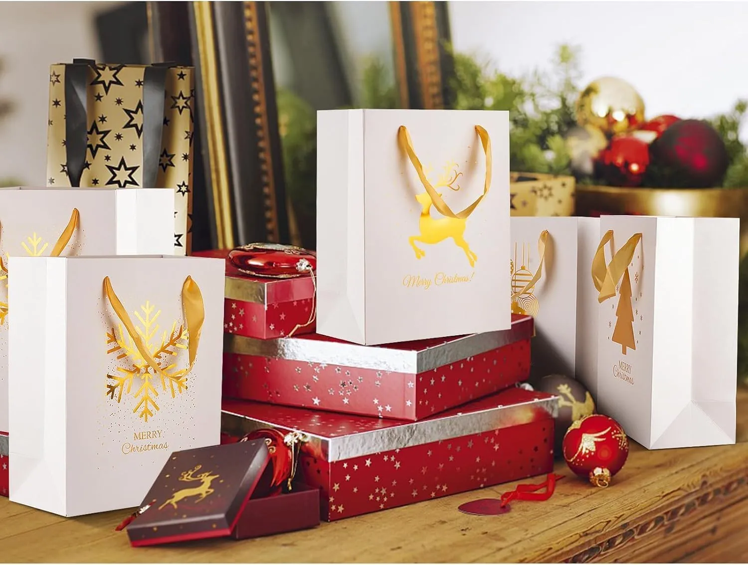12 PCS Christmas Holiday Foil Gold Gift Bags,4 Designs,Perfect for Christmas