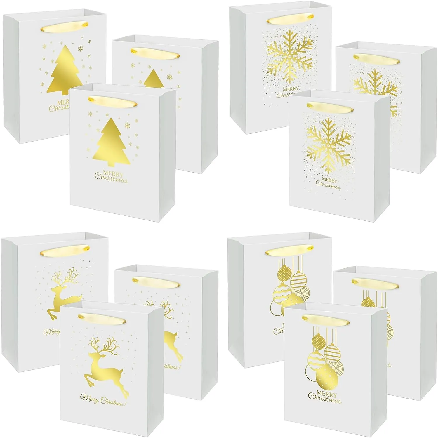 12 PCS Christmas Holiday Foil Gold Gift Bags,4 Designs,Perfect for Christmas