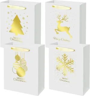 12 PCS Christmas Holiday Foil Gold Gift Bags,4 Designs,Perfect for Christmas