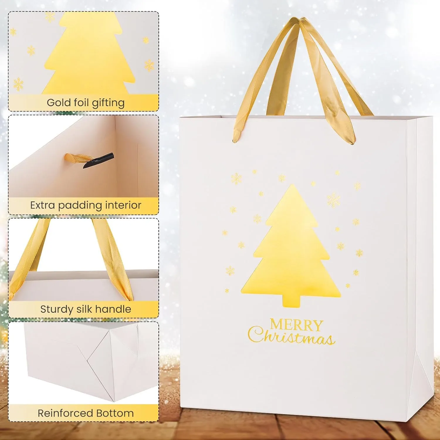 12 PCS Christmas Holiday Foil Gold Gift Bags,4 Designs,Perfect for Christmas
