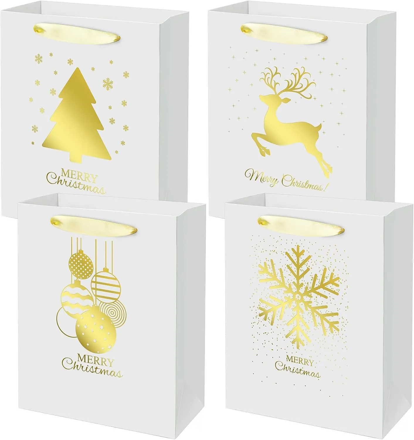 12 PCS Christmas Holiday Foil Gold Gift Bags,4 Designs,Perfect for Christmas