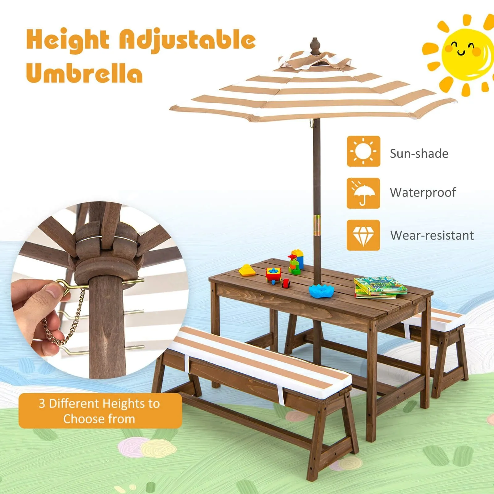 2-in-1 Children’s Picnic Bench | Removable Cushions & Umbrella | Indoor and Outdoor Use