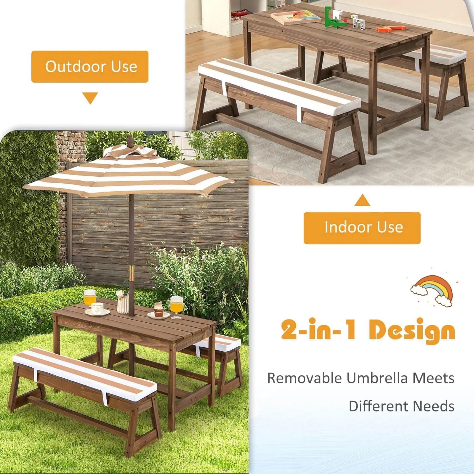 2-in-1 Children’s Picnic Bench | Removable Cushions & Umbrella | Indoor and Outdoor Use