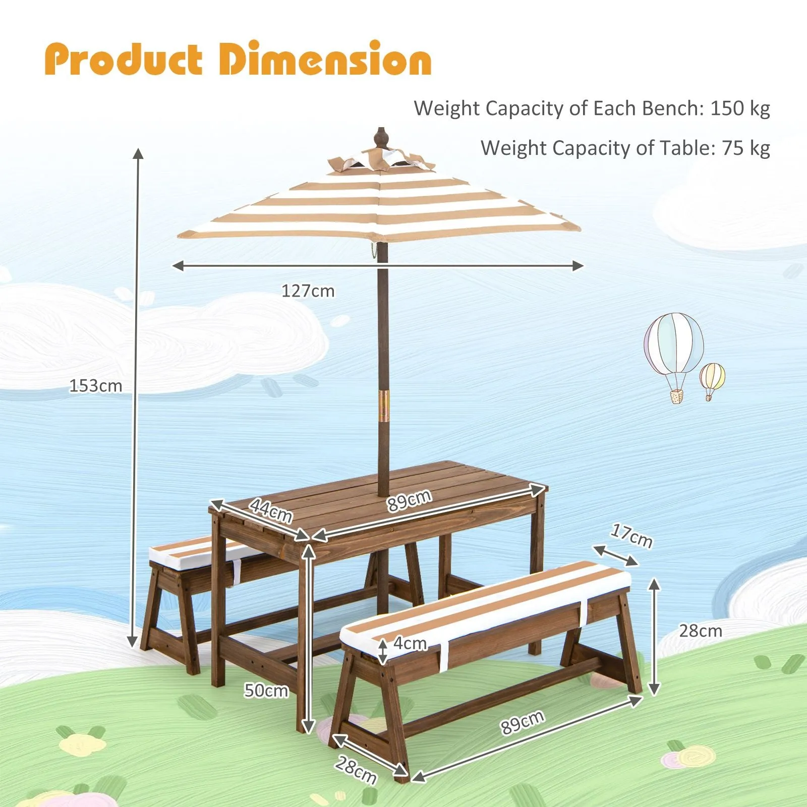 2-in-1 Children’s Picnic Bench | Removable Cushions & Umbrella | Indoor and Outdoor Use