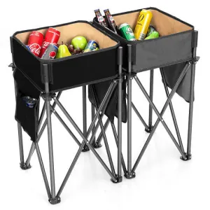2 Pieces Folding Camping Tables with Large Capacity Storage Sink for Picnic-Blac
