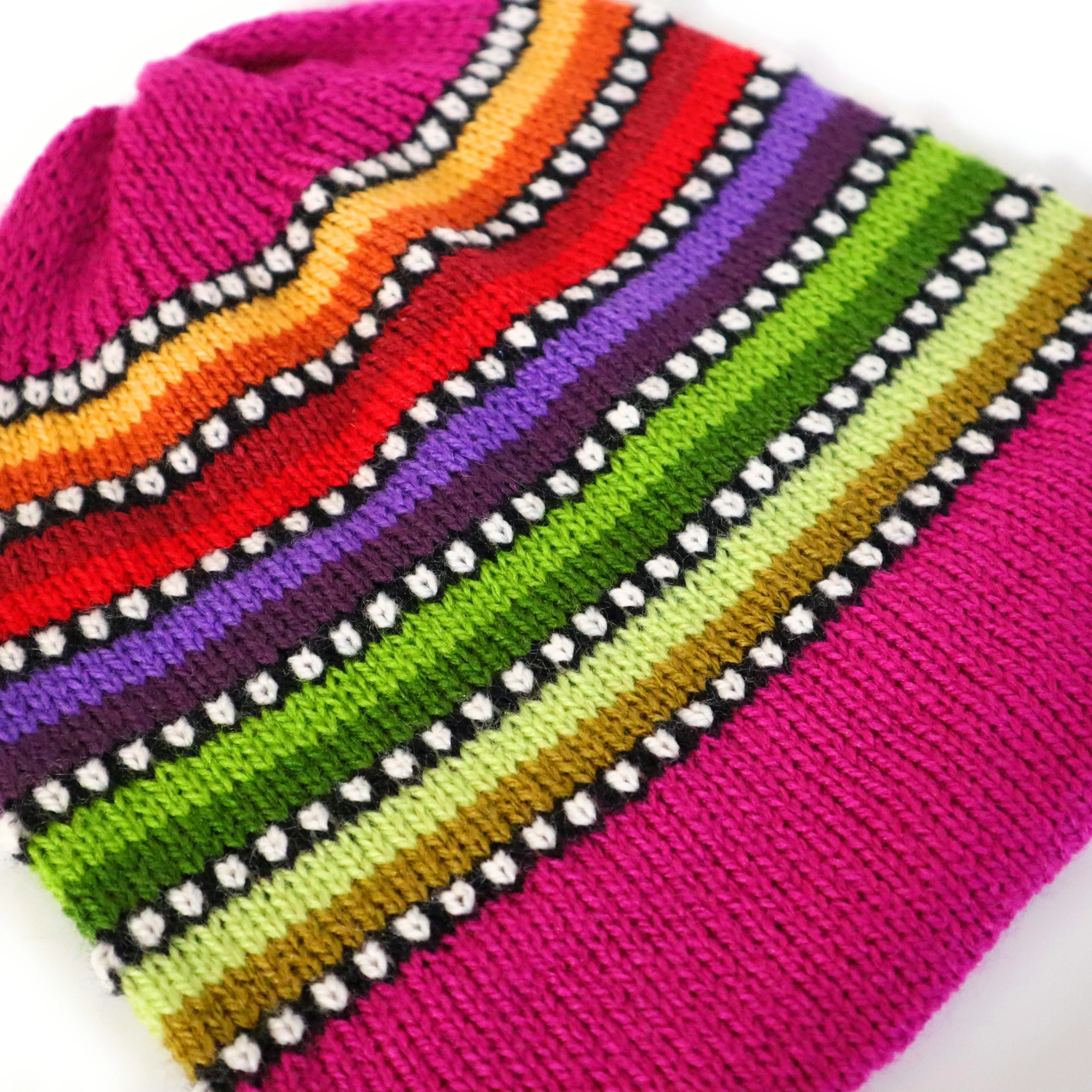 Alpaca Wool Beanie Hat Multicolor Small Dots Fuchsia Color Medium Unisex