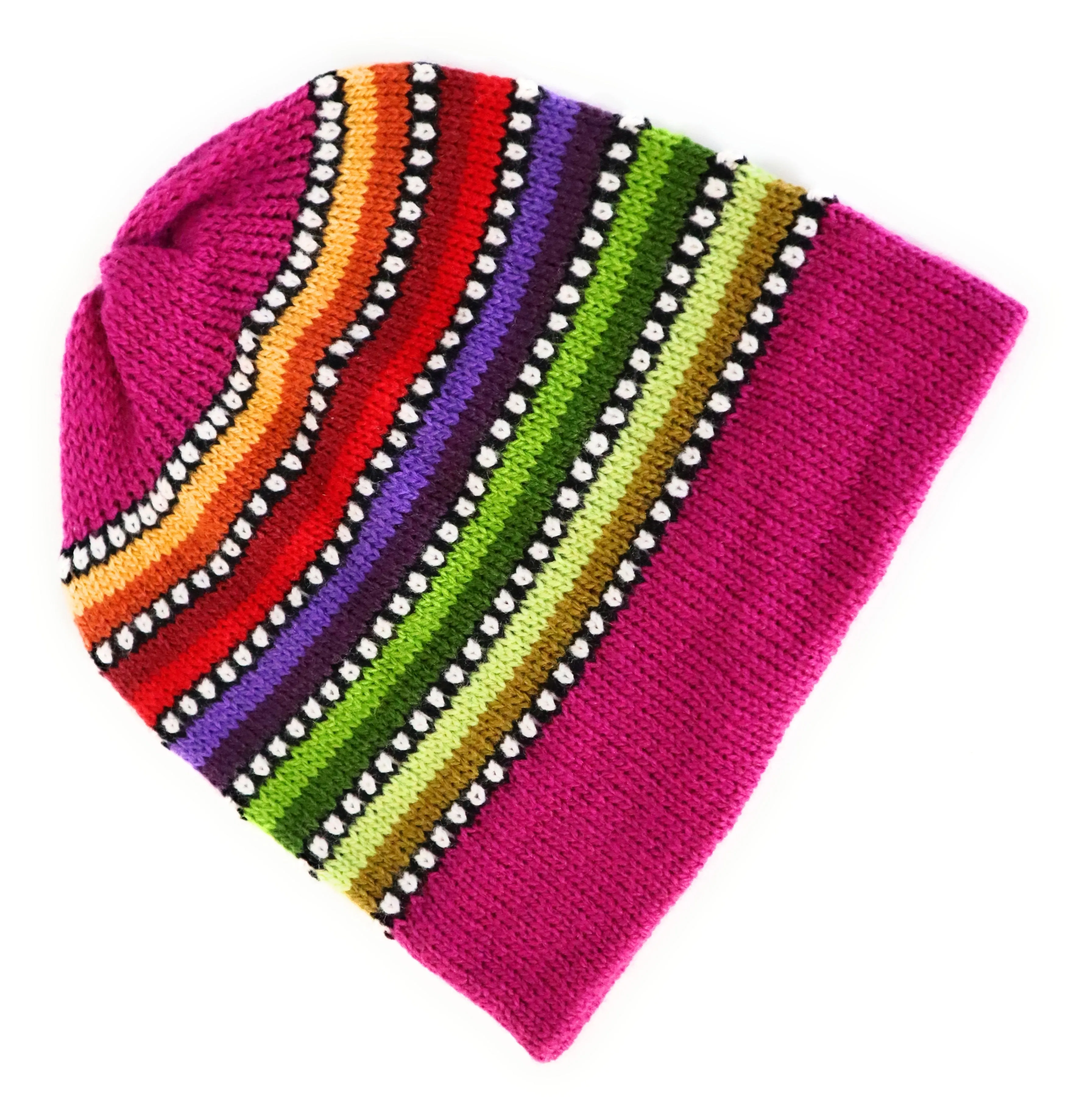 Alpaca Wool Beanie Hat Multicolor Small Dots Fuchsia Color Medium Unisex