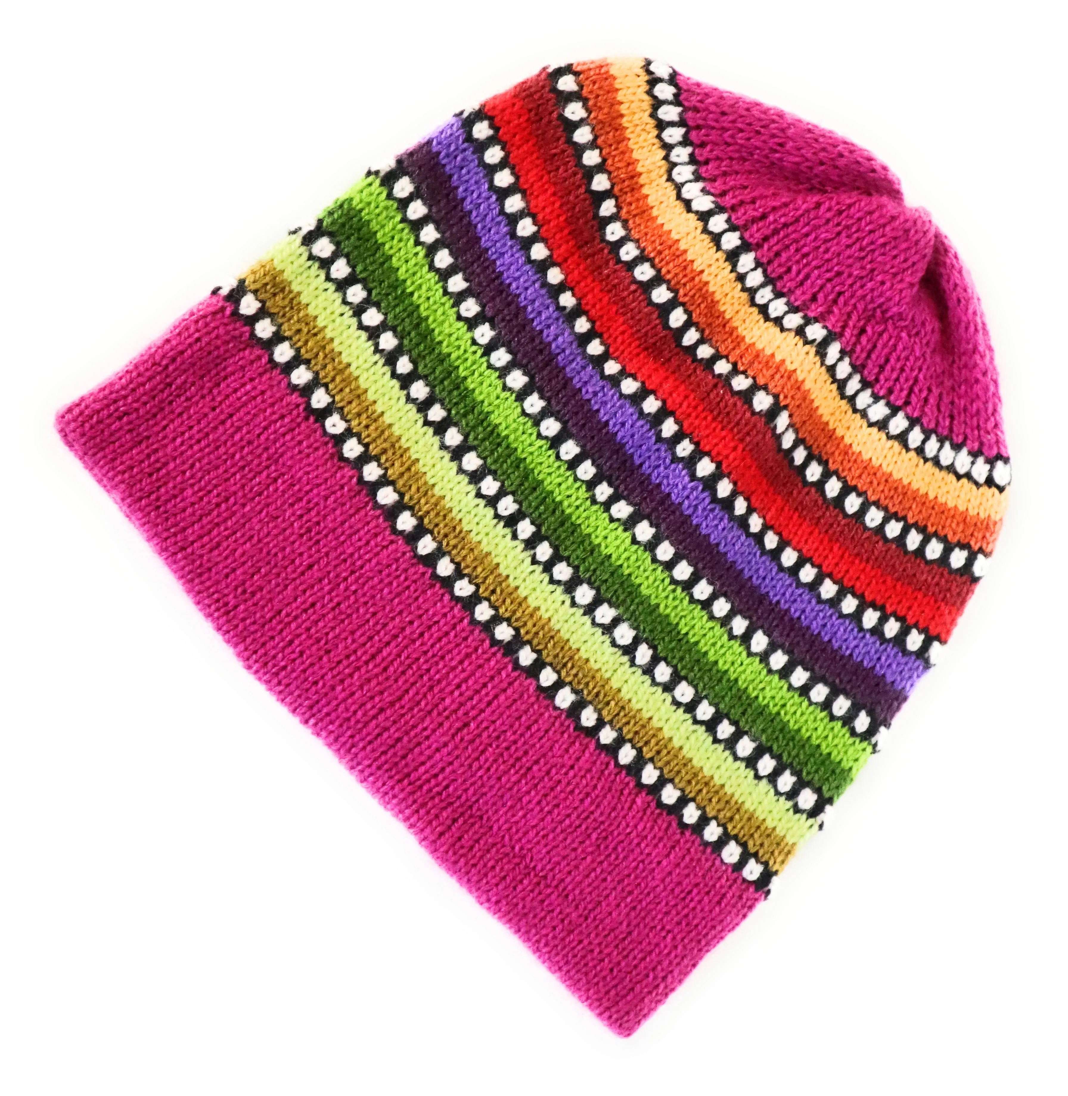 Alpaca Wool Beanie Hat Multicolor Small Dots Fuchsia Color Medium Unisex