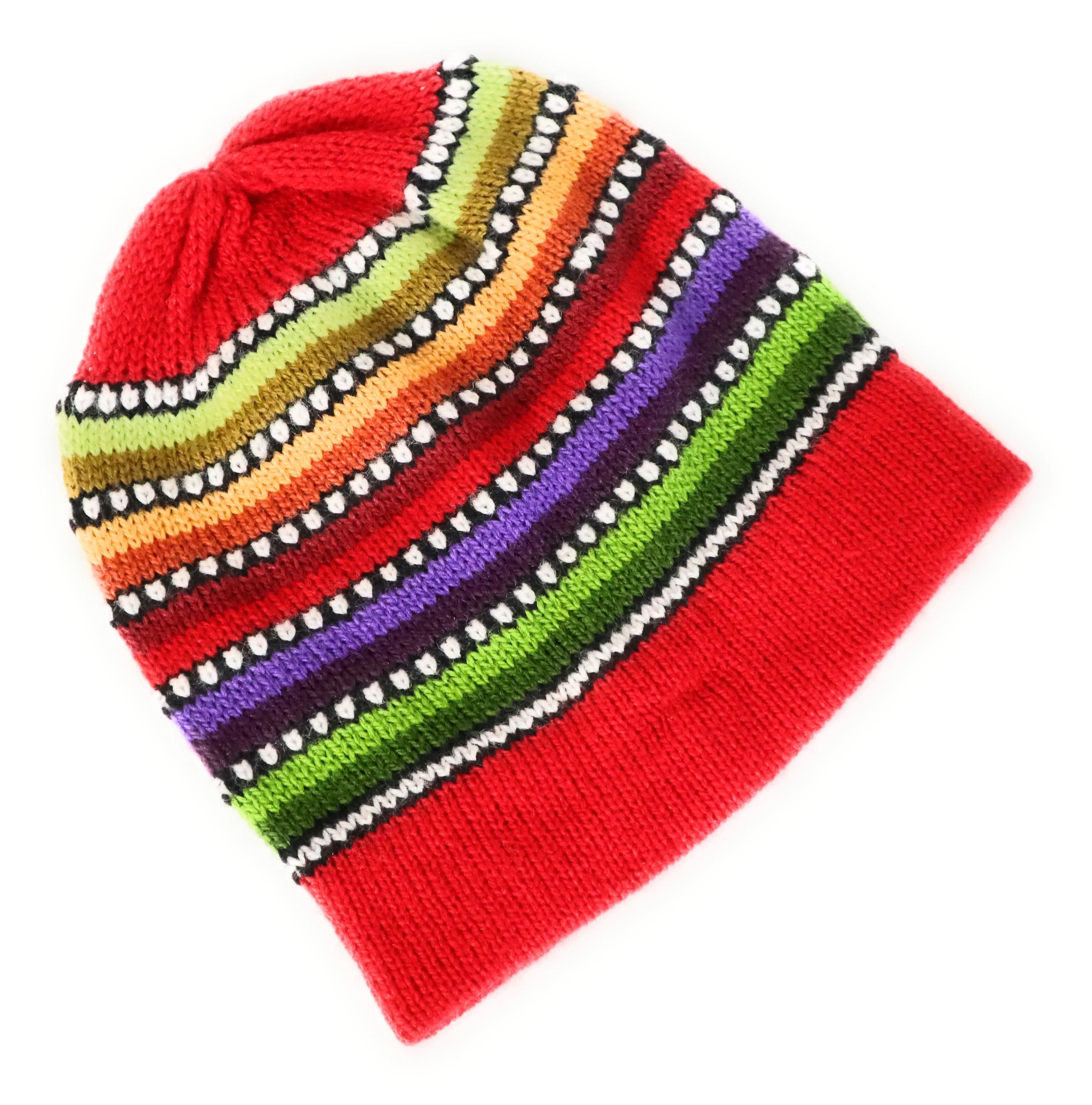 Alpaca Wool Beanie Hat Multicolor Small Dots Red Color Medium Unisex