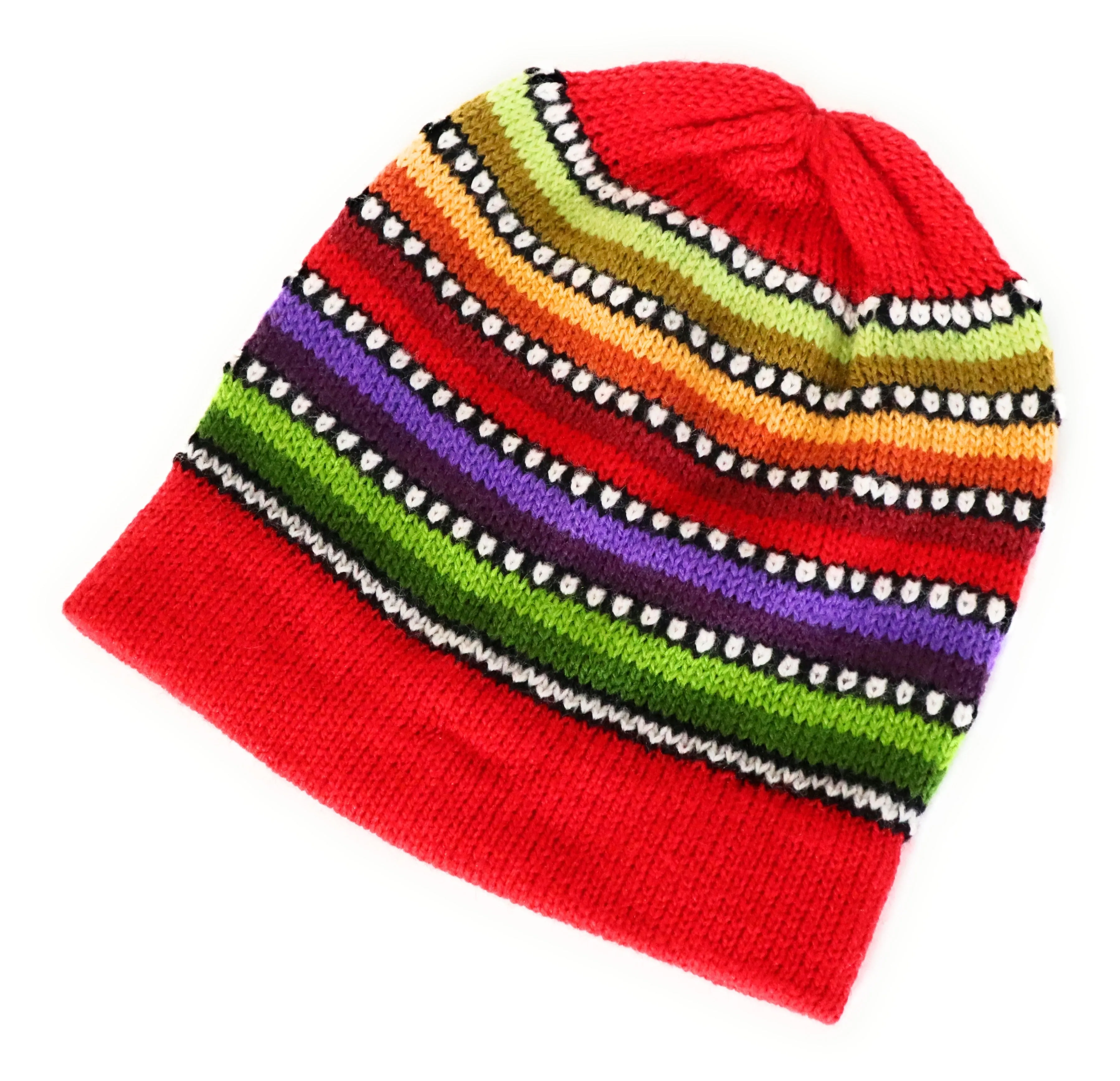 Alpaca Wool Beanie Hat Multicolor Small Dots Red Color Medium Unisex