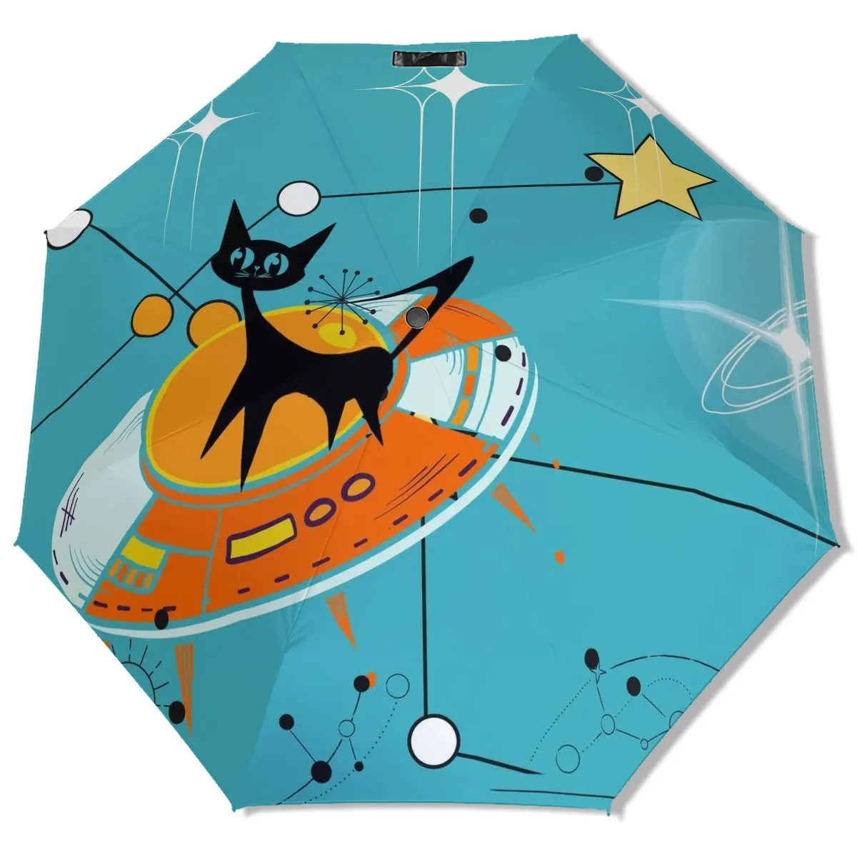 Atomic Space Cat, Quirky Aqua Orange Kitschy Mod UV Protection Umbrella