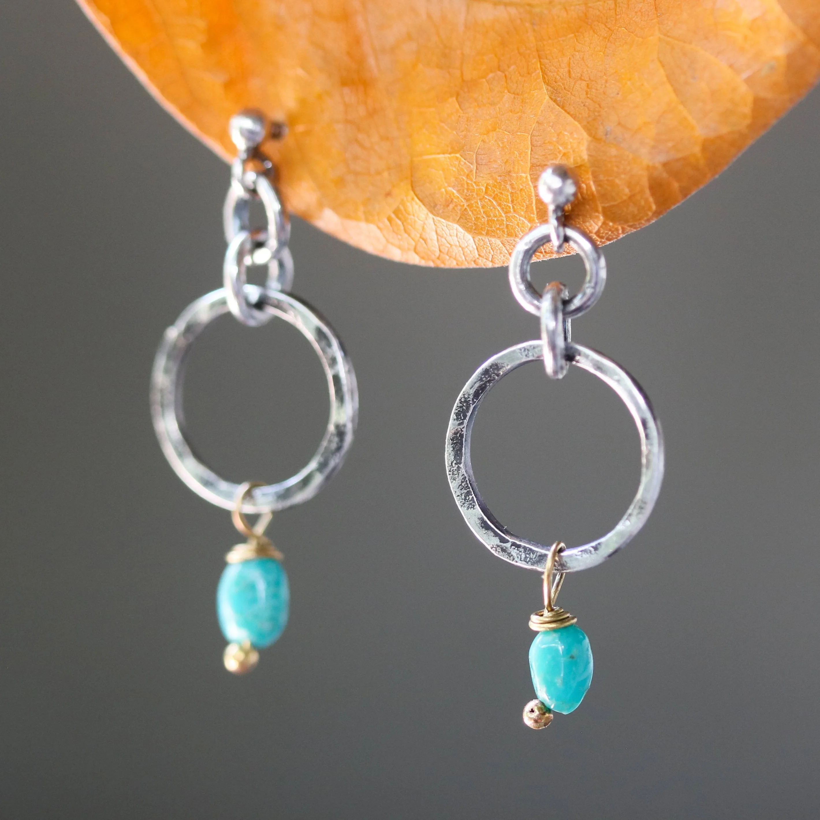 Blue turquoise in freeform earrings and hammer silver loops with sterling silver stud style