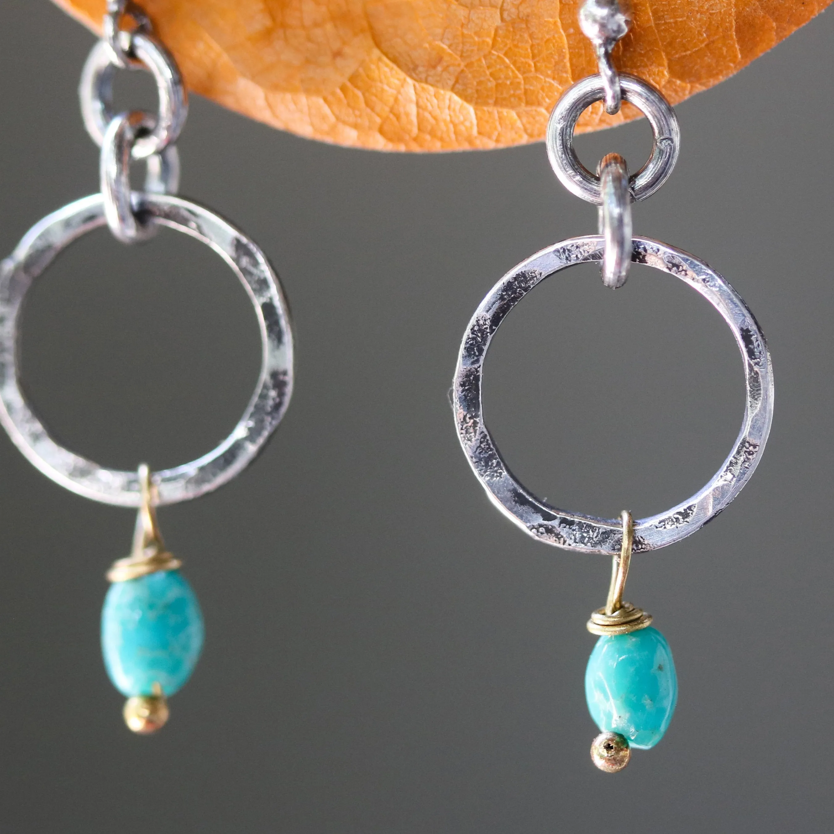 Blue turquoise in freeform earrings and hammer silver loops with sterling silver stud style