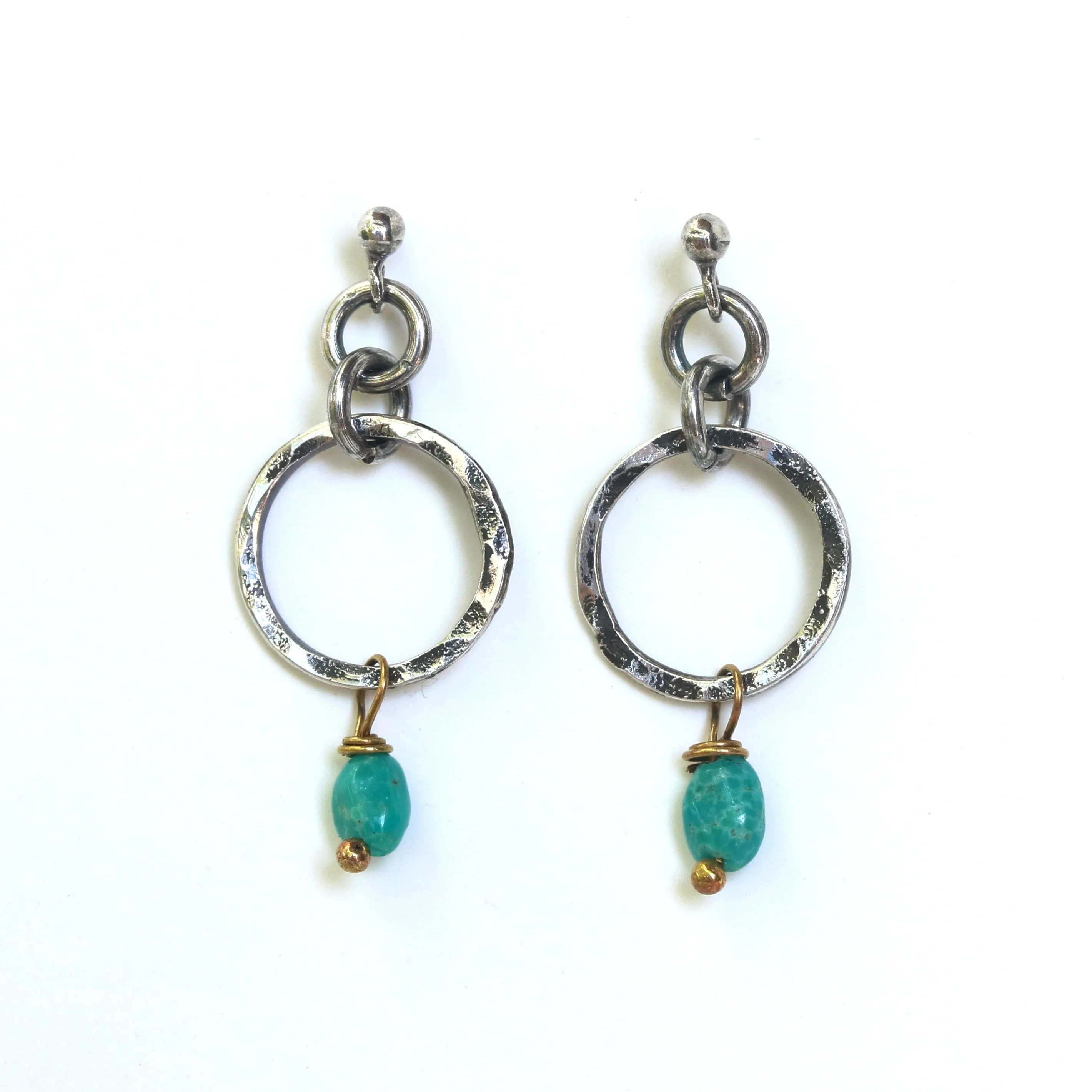 Blue turquoise in freeform earrings and hammer silver loops with sterling silver stud style