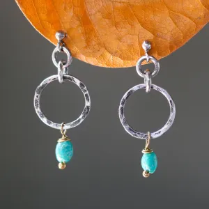 Blue turquoise in freeform earrings and hammer silver loops with sterling silver stud style