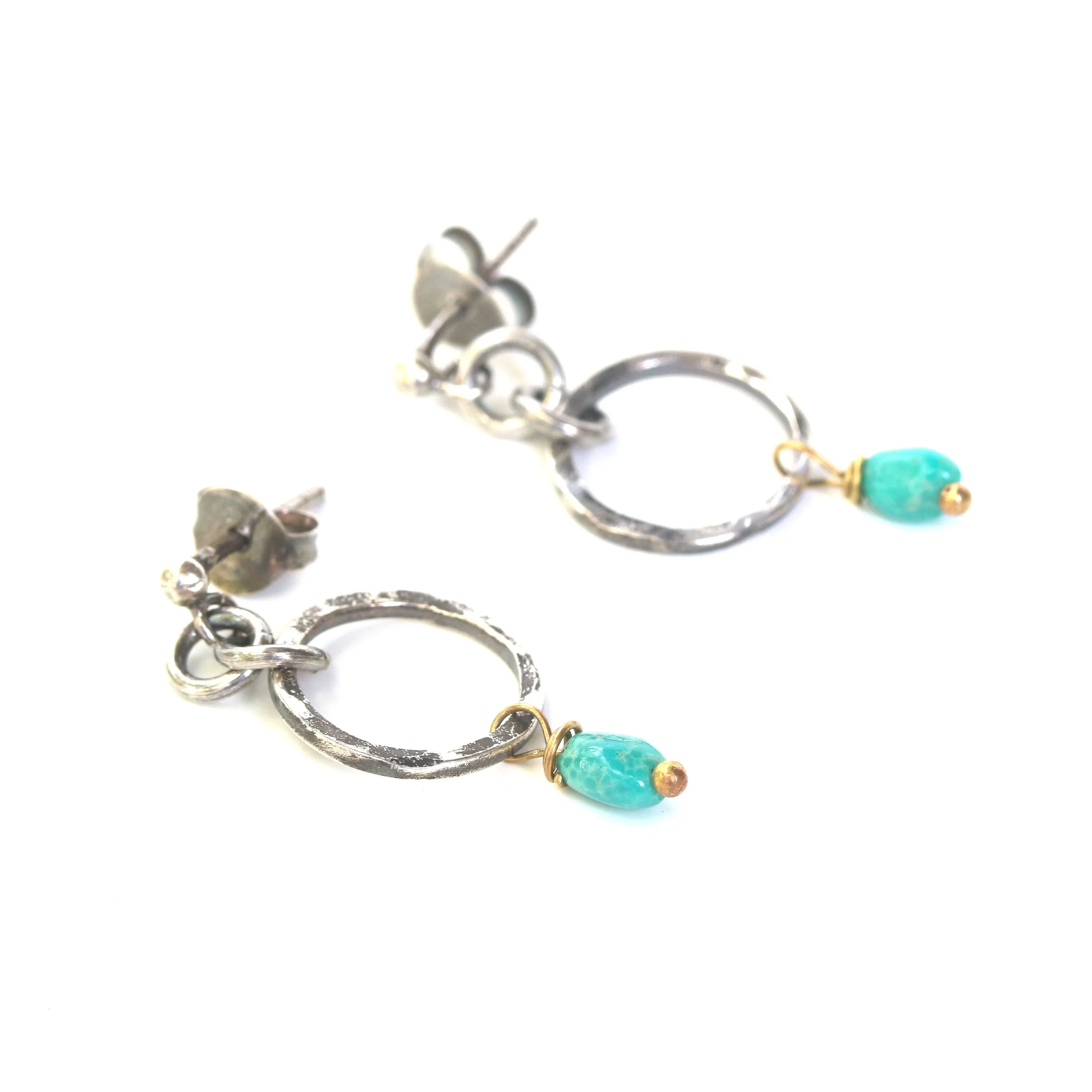 Blue turquoise in freeform earrings and hammer silver loops with sterling silver stud style