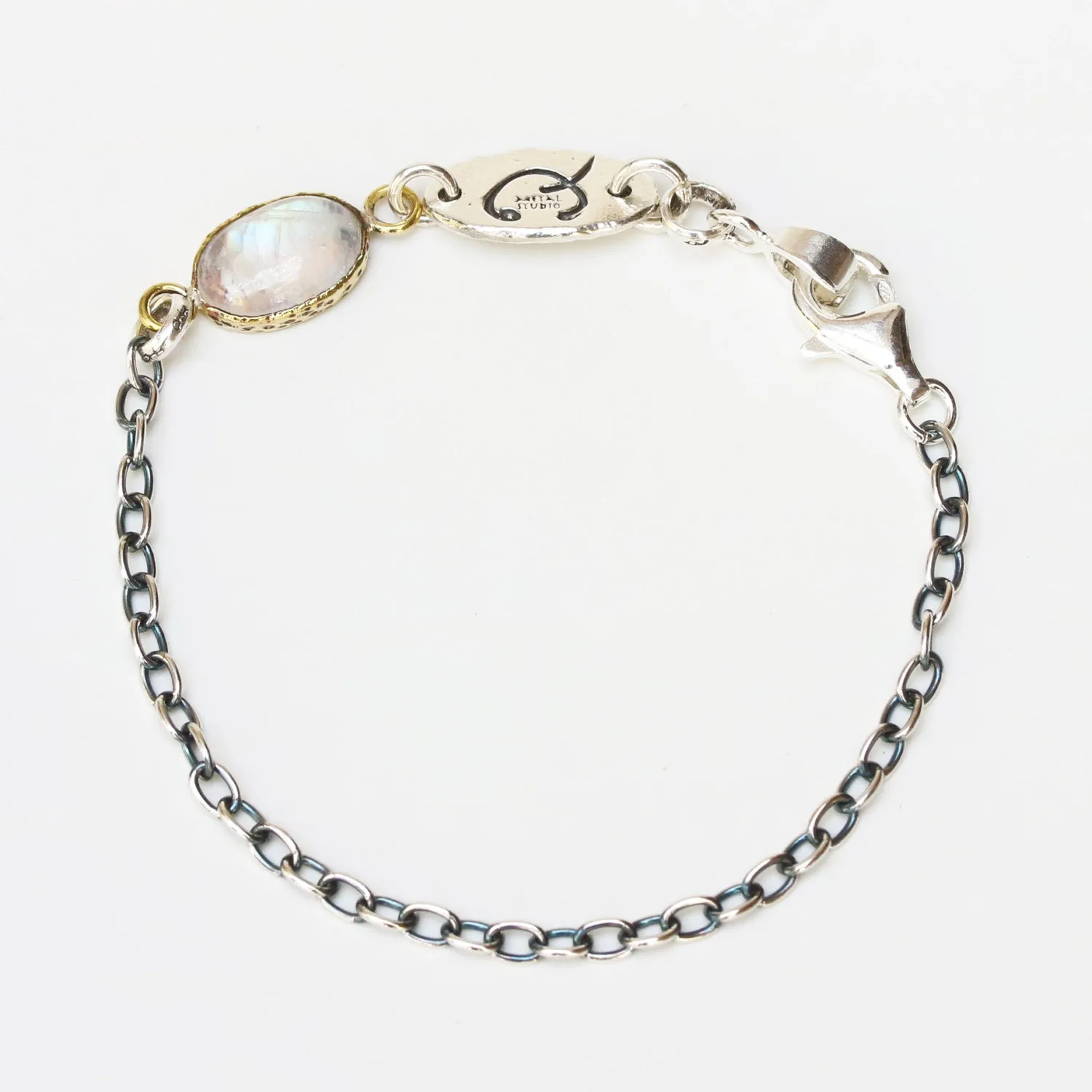 Bracelet oval cabochon moonstone in brass bezel setting and oxidized sterling silver chain