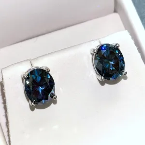 Certified Dark Blue Oval Moissanite Stud Earrings