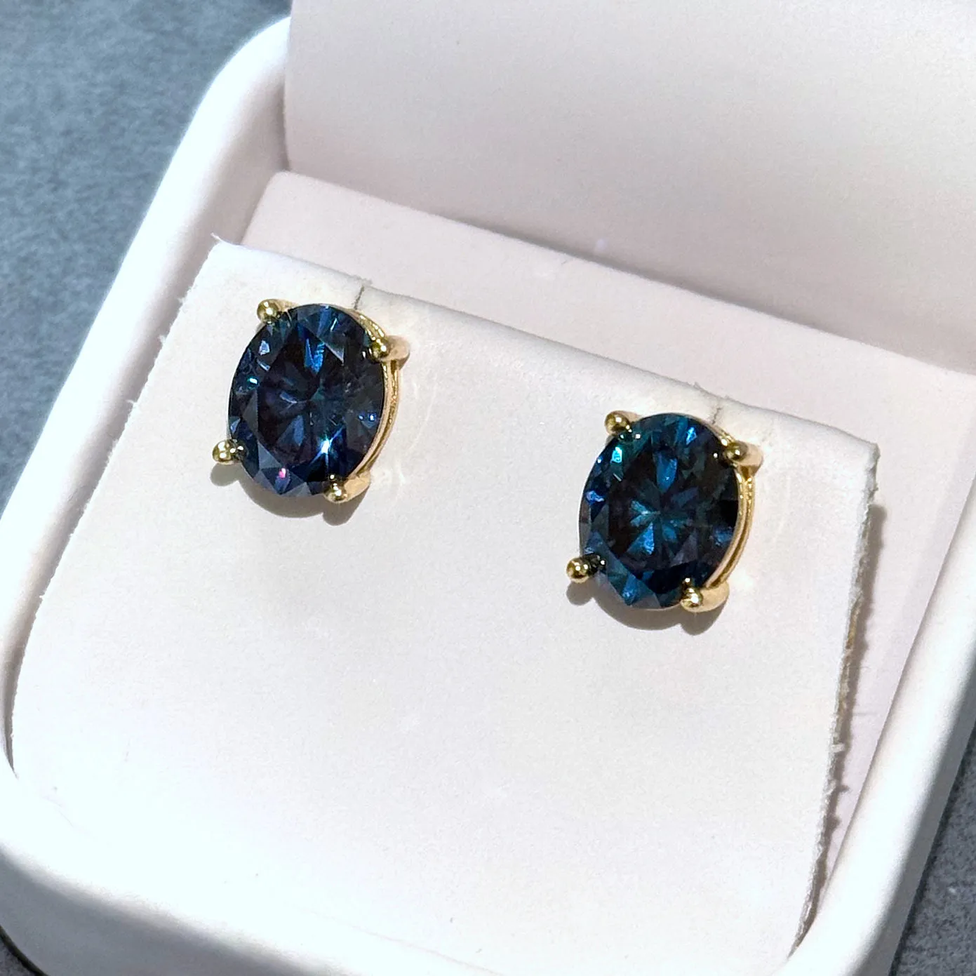 Certified Dark Blue Oval Moissanite Stud Earrings