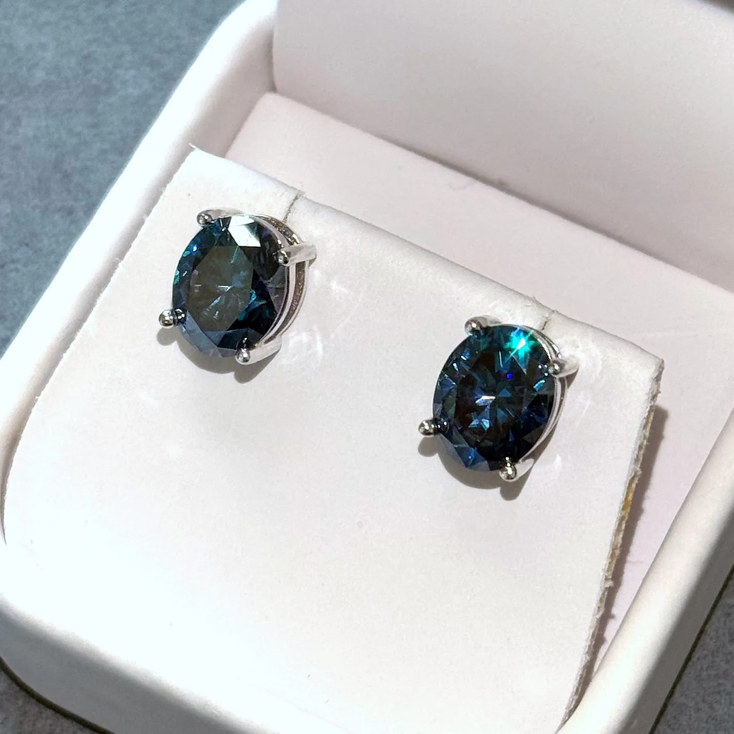 Certified Dark Blue Oval Moissanite Stud Earrings