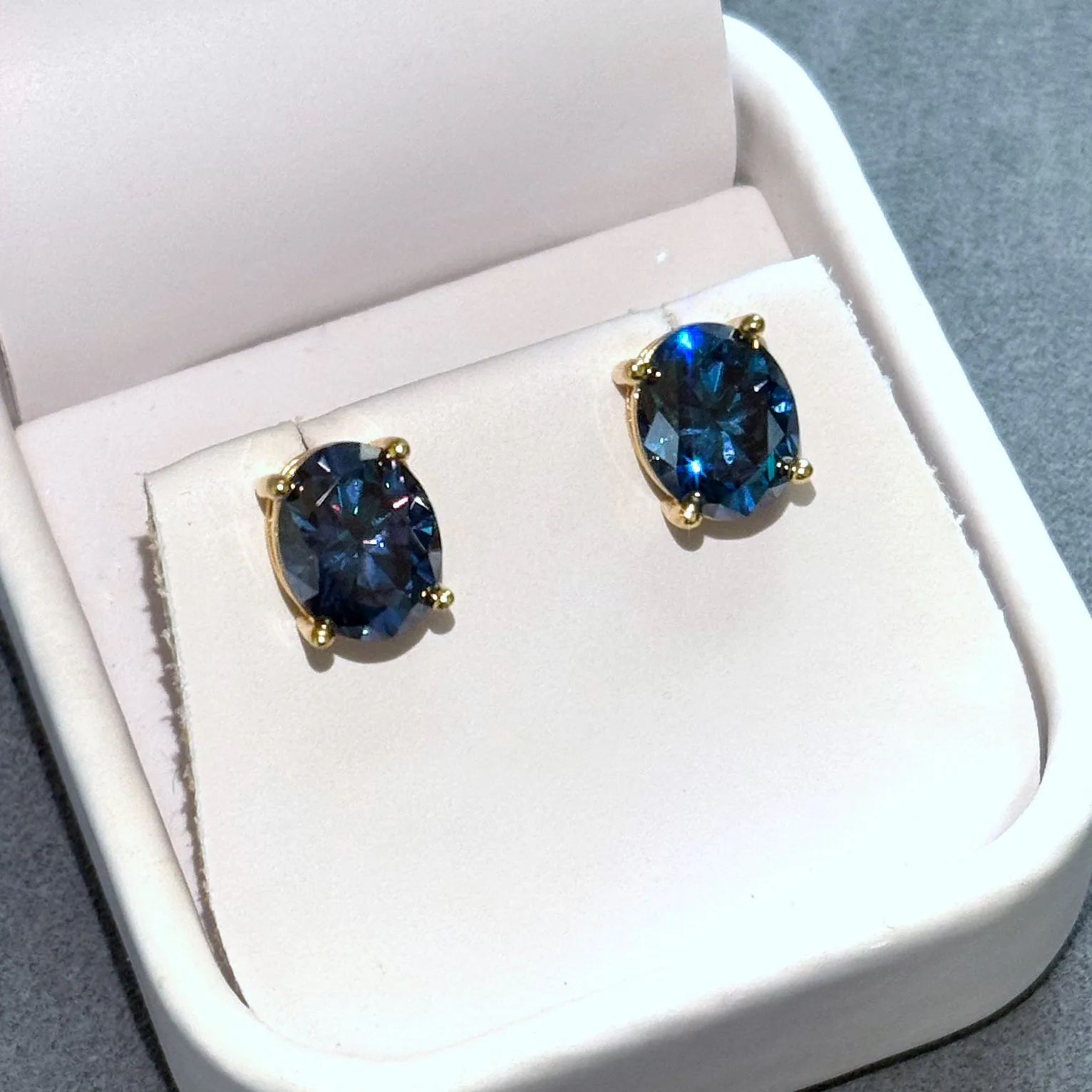 Certified Dark Blue Oval Moissanite Stud Earrings