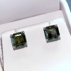 Certified Green Asscher Cut Moissanite Stud Earrings