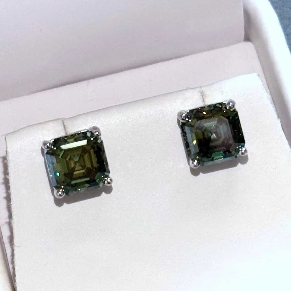 Certified Green Asscher Cut Moissanite Stud Earrings