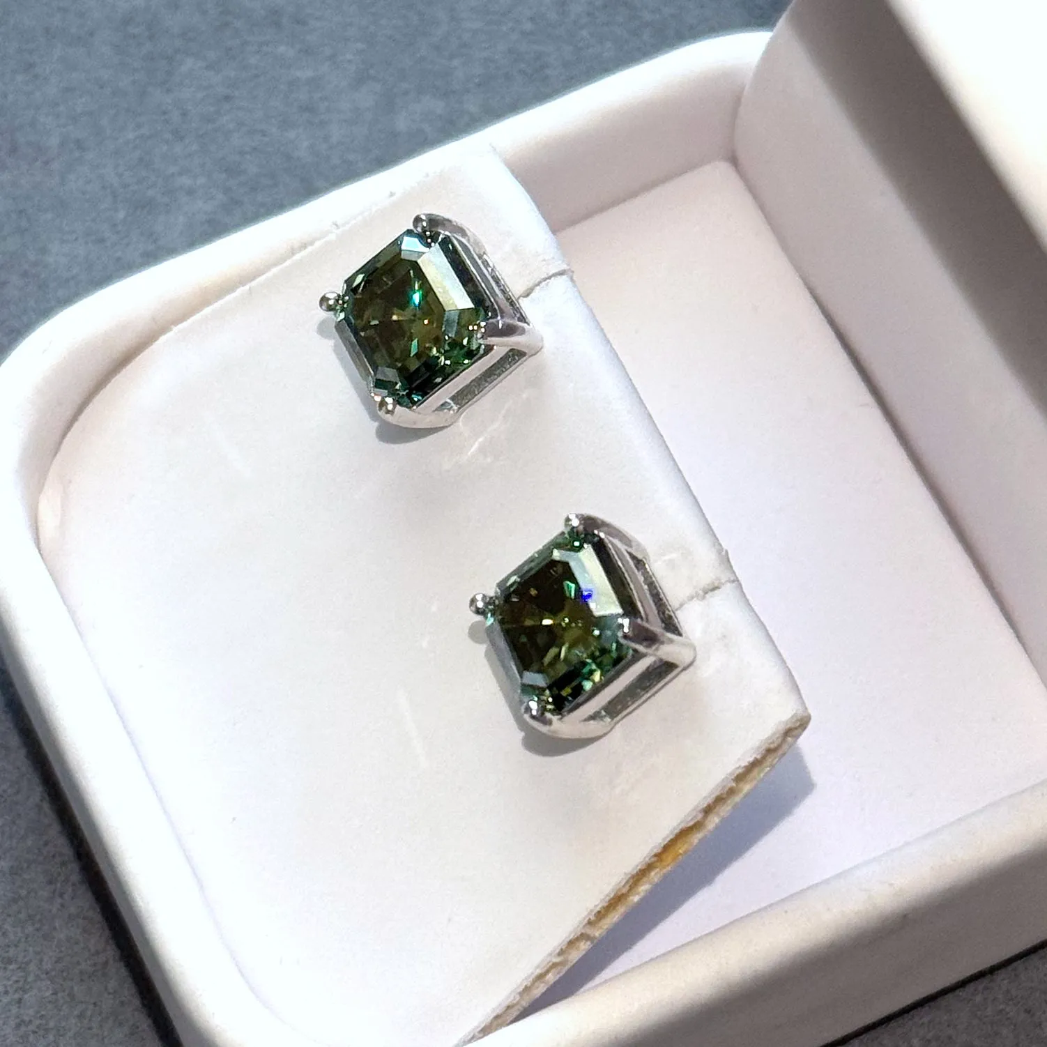 Certified Green Asscher Cut Moissanite Stud Earrings