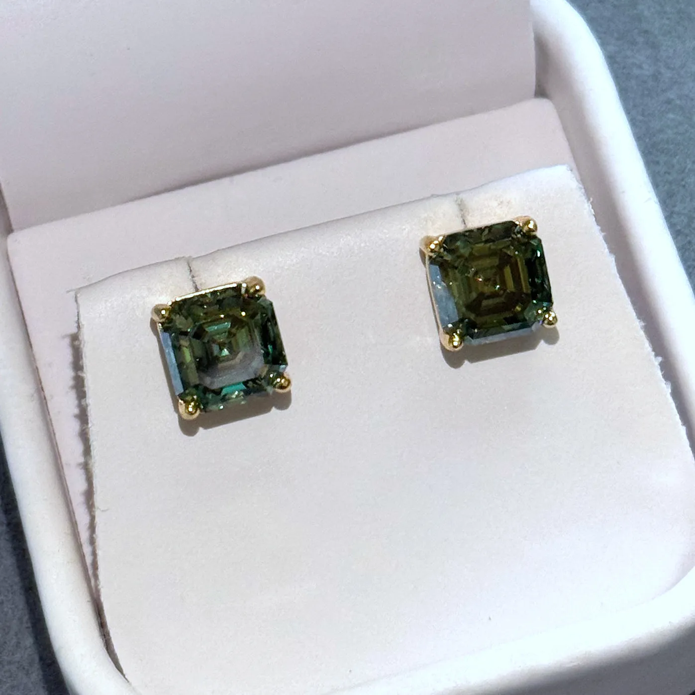 Certified Green Asscher Cut Moissanite Stud Earrings