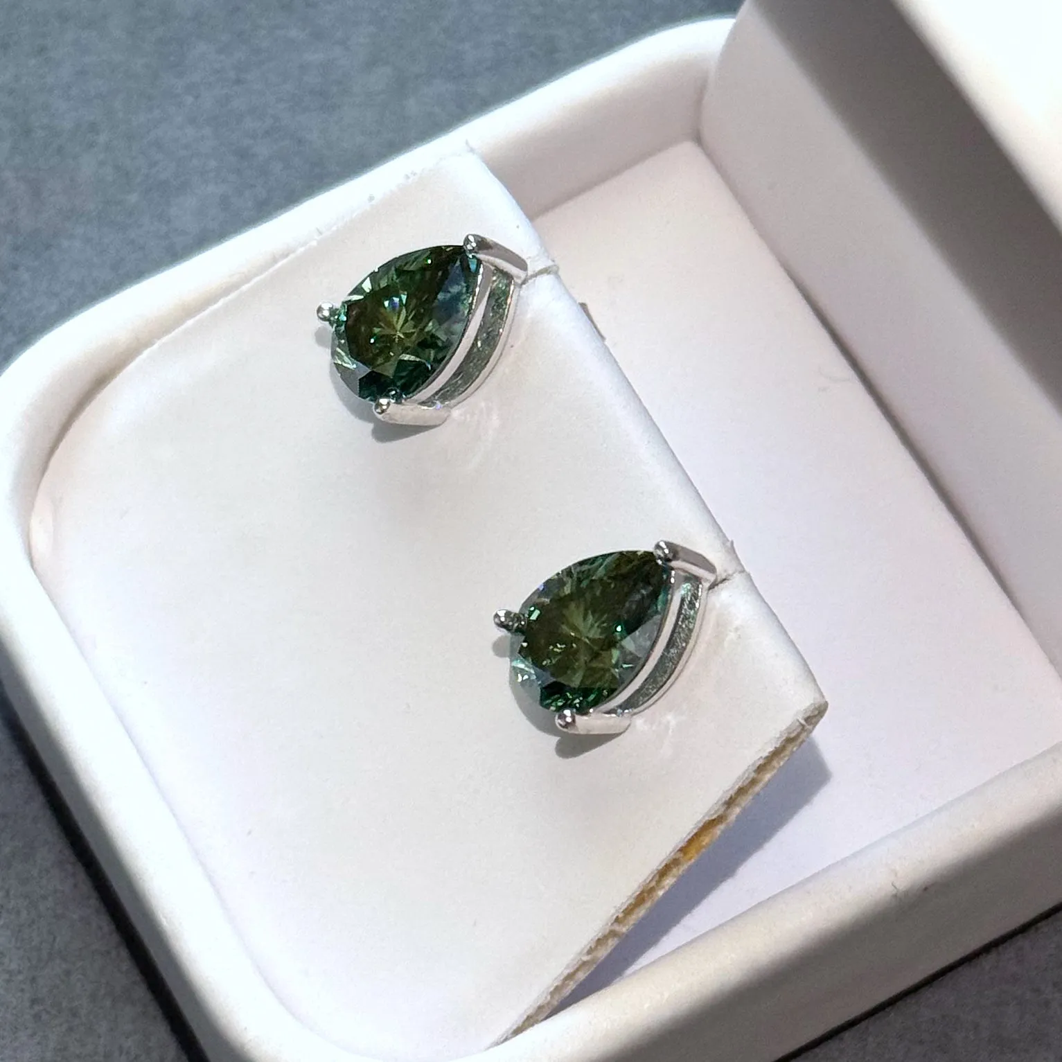 Certified Green Pear Cut Moissanite Stud Earrings