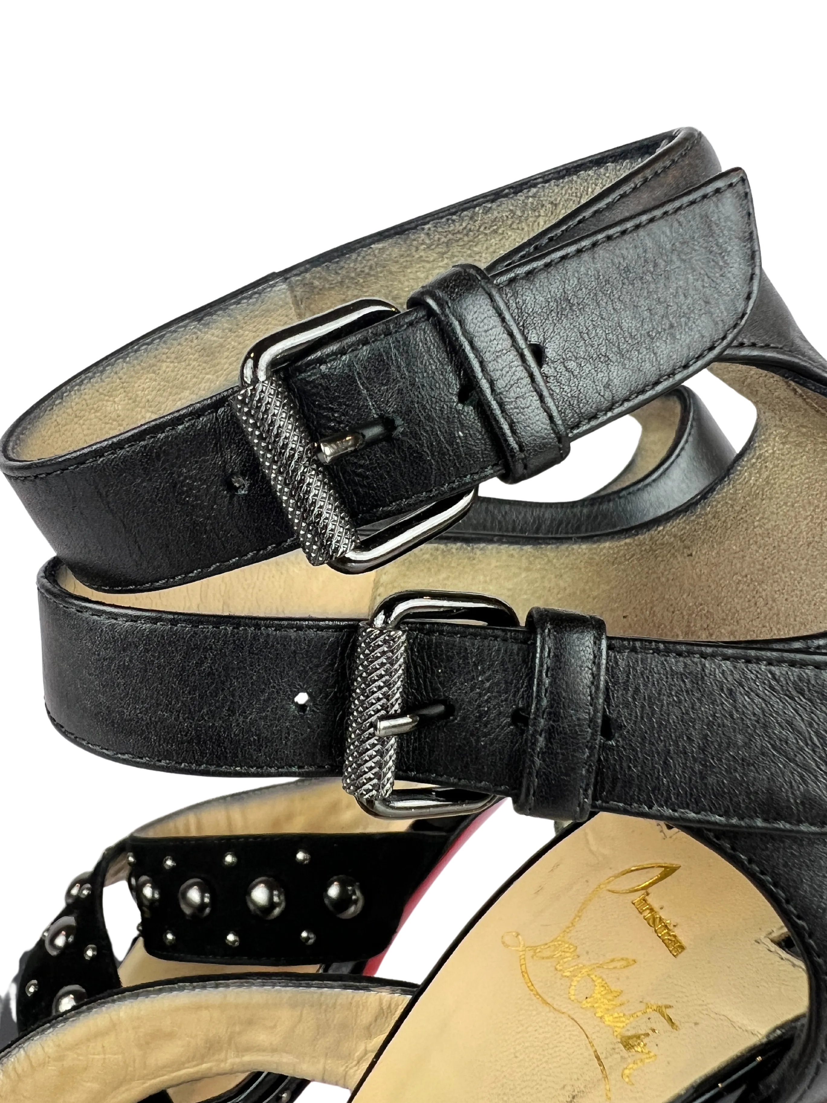Christian Louboutin Studded Heels Decodame 120 Suede and Patent in Black, Size 36.5 EU/6 US
