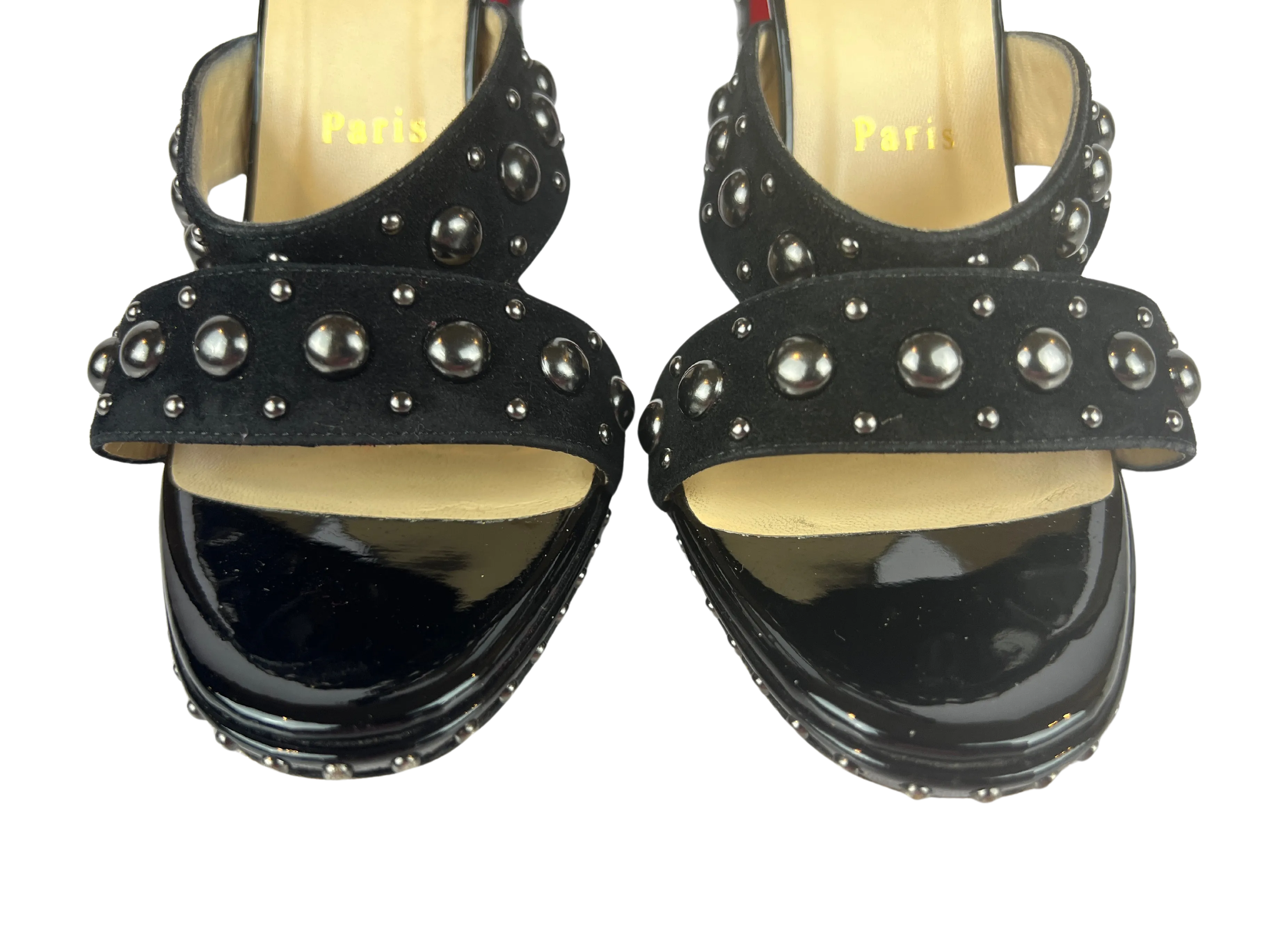 Christian Louboutin Studded Heels Decodame 120 Suede and Patent in Black, Size 36.5 EU/6 US