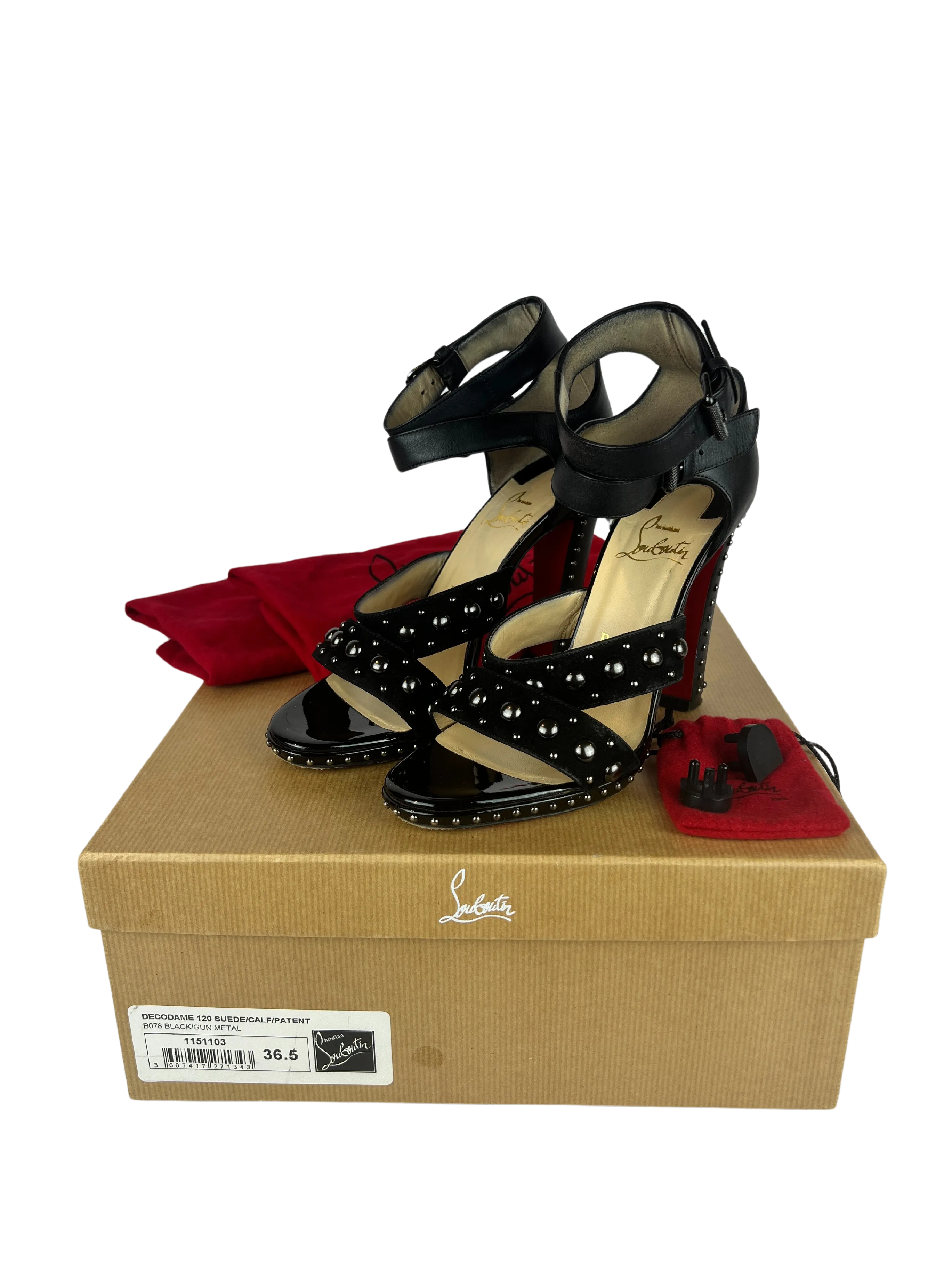 Christian Louboutin Studded Heels Decodame 120 Suede and Patent in Black, Size 36.5 EU/6 US