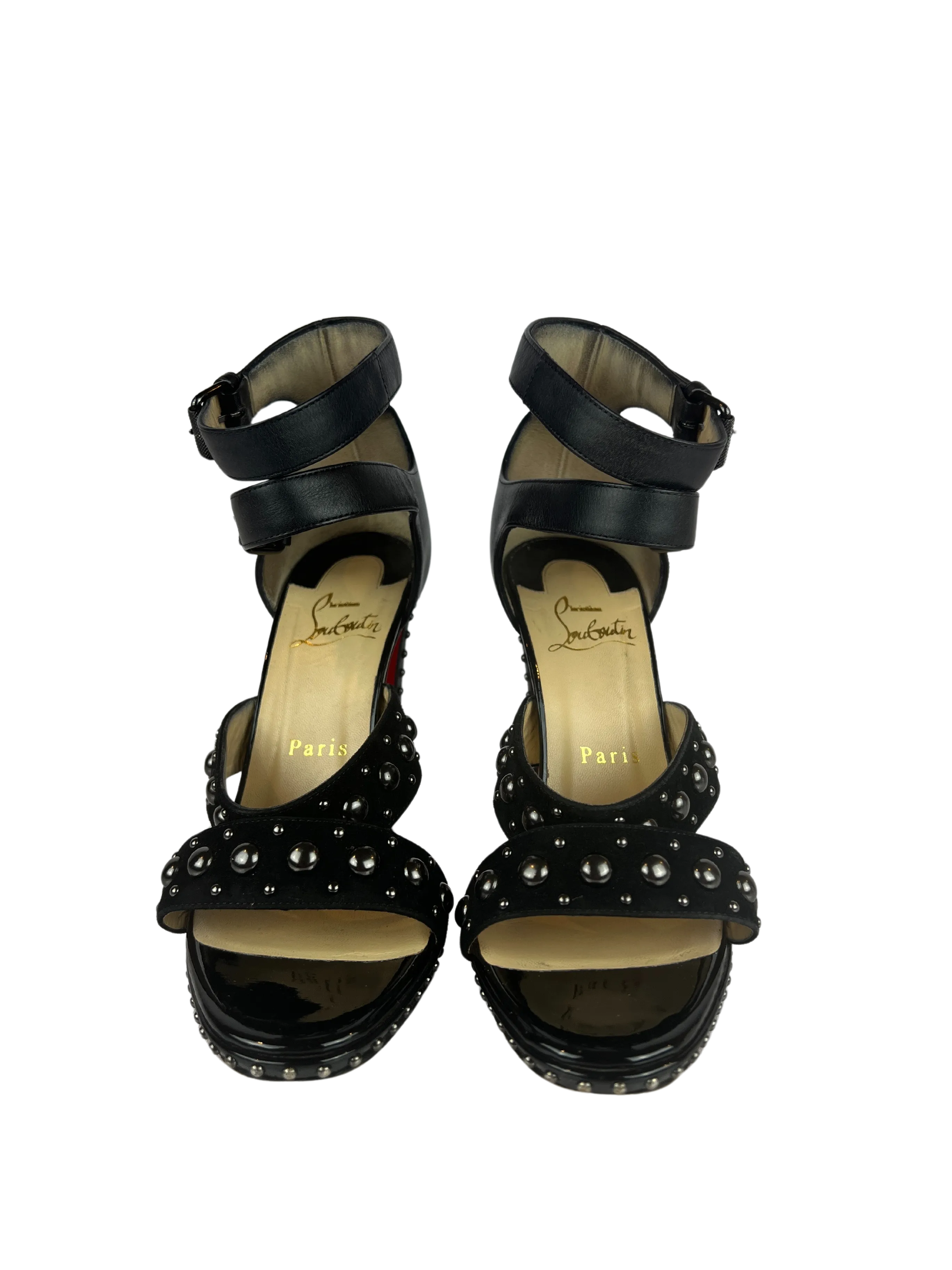 Christian Louboutin Studded Heels Decodame 120 Suede and Patent in Black, Size 36.5 EU/6 US