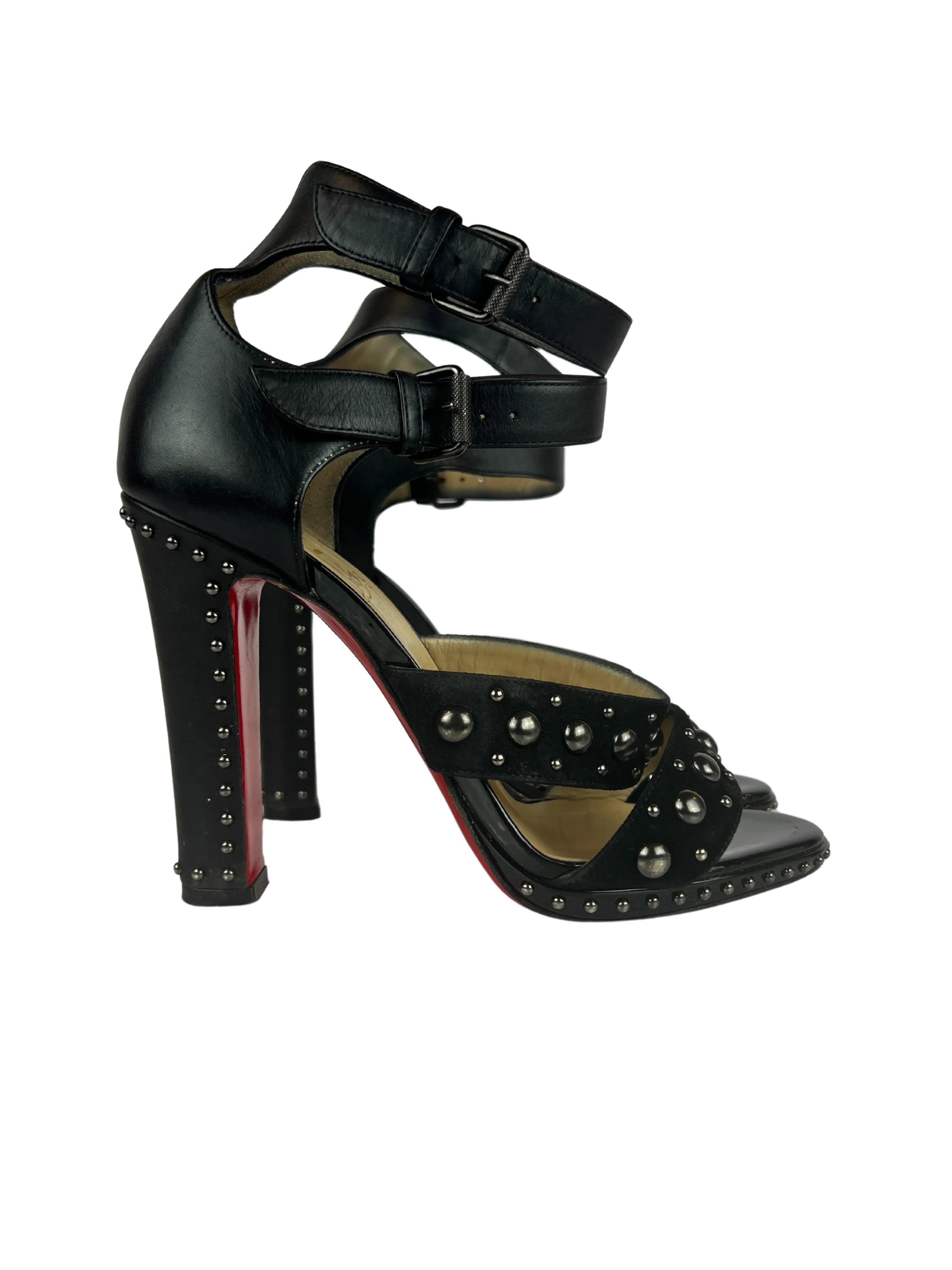 Christian Louboutin Studded Heels Decodame 120 Suede and Patent in Black, Size 36.5 EU/6 US