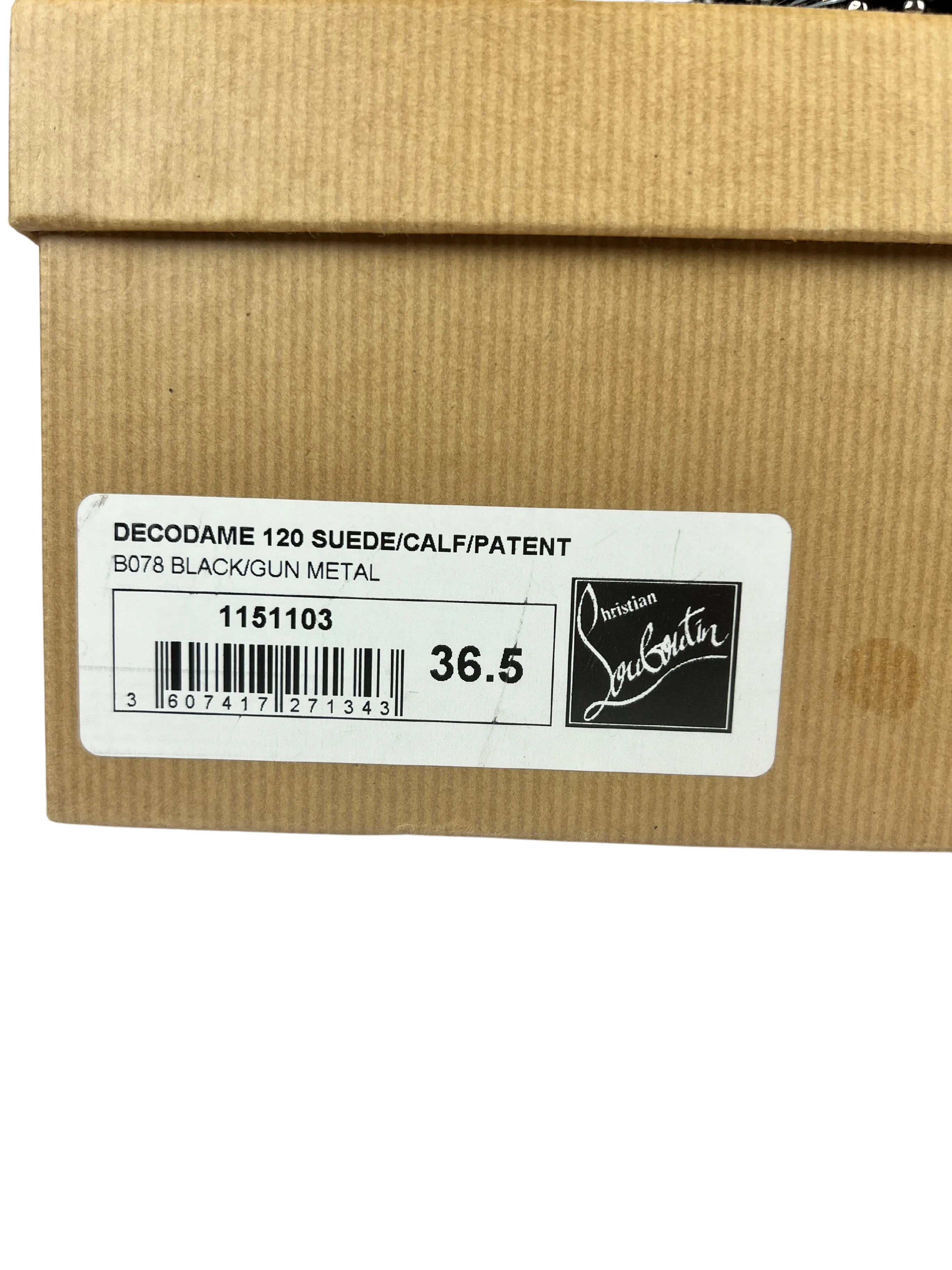 Christian Louboutin Studded Heels Decodame 120 Suede and Patent in Black, Size 36.5 EU/6 US