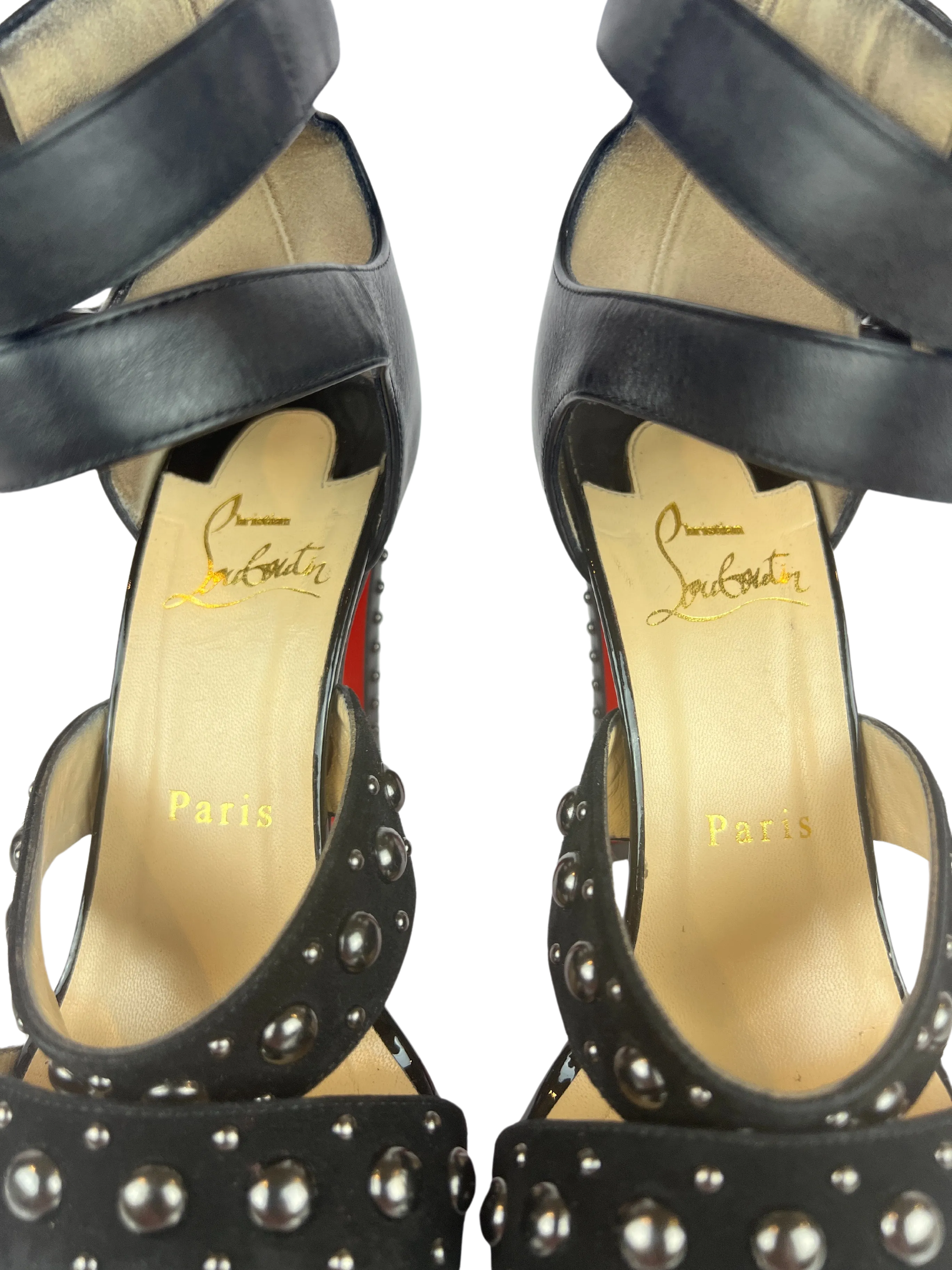 Christian Louboutin Studded Heels Decodame 120 Suede and Patent in Black, Size 36.5 EU/6 US