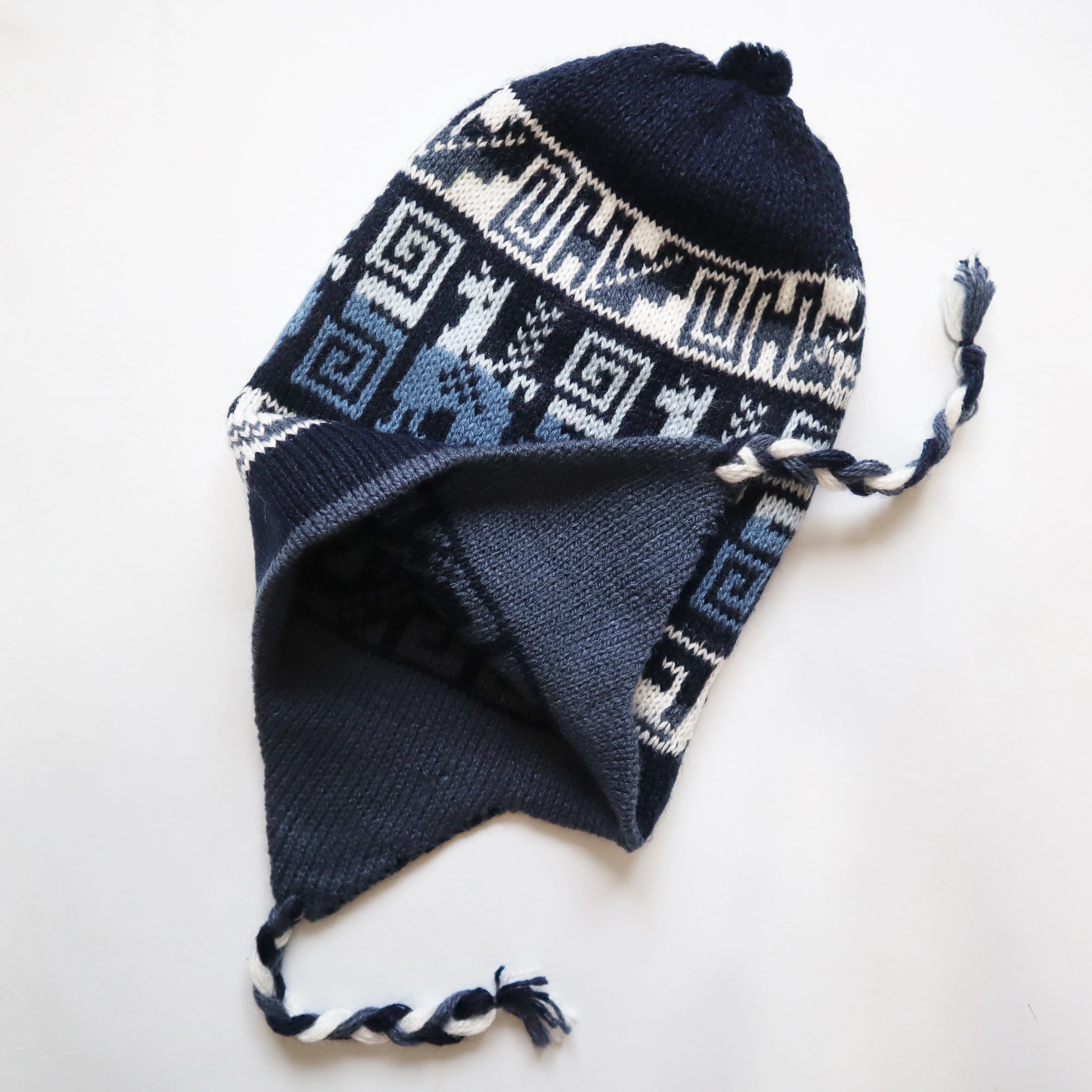 Chullo Alpaca Wool Blend Hat with Earflaps Reversible Navy Blue Steel Blue. Unisex