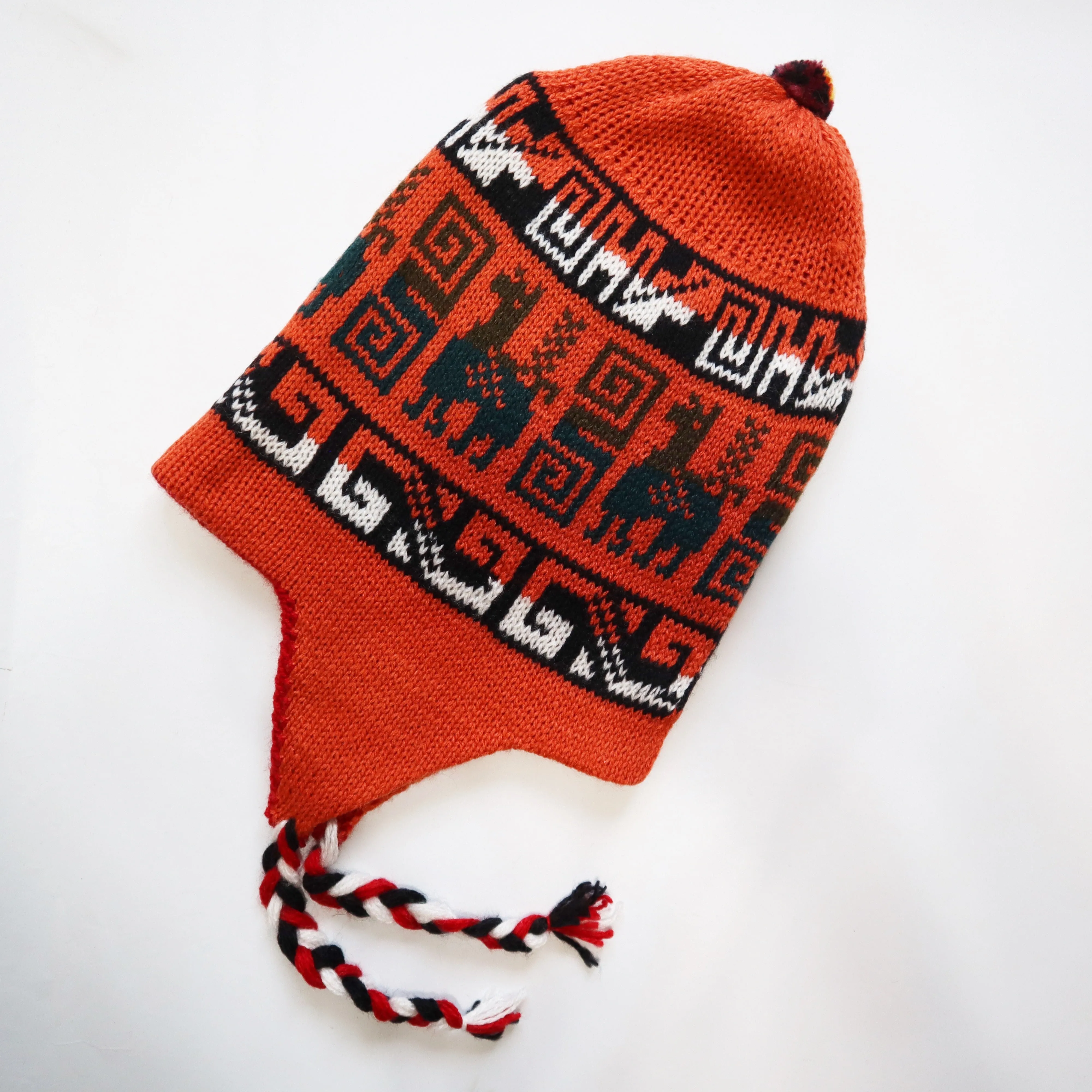 Chullo Alpaca Wool Blend Hat with Earflaps Reversible Orange Red. Unisex