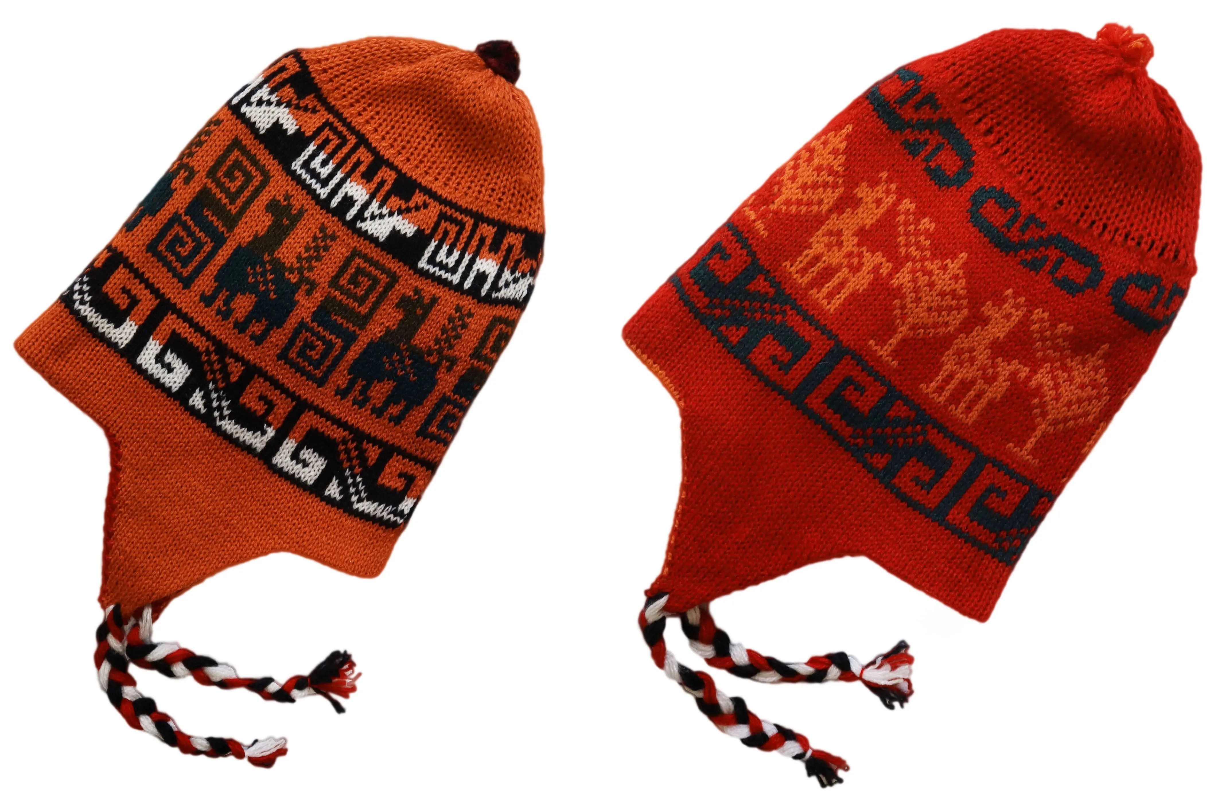 Chullo Alpaca Wool Blend Hat with Earflaps Reversible Orange Red. Unisex