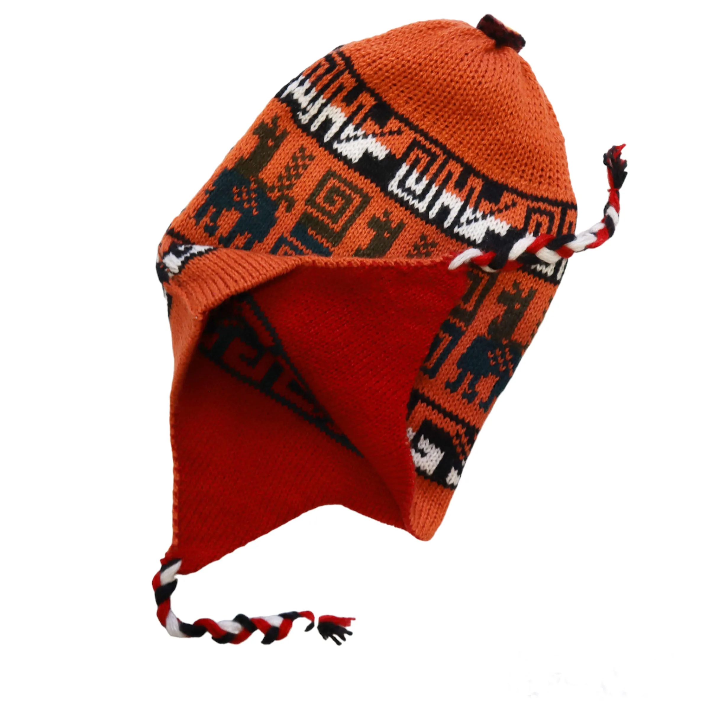Chullo Alpaca Wool Blend Hat with Earflaps Reversible Orange Red. Unisex