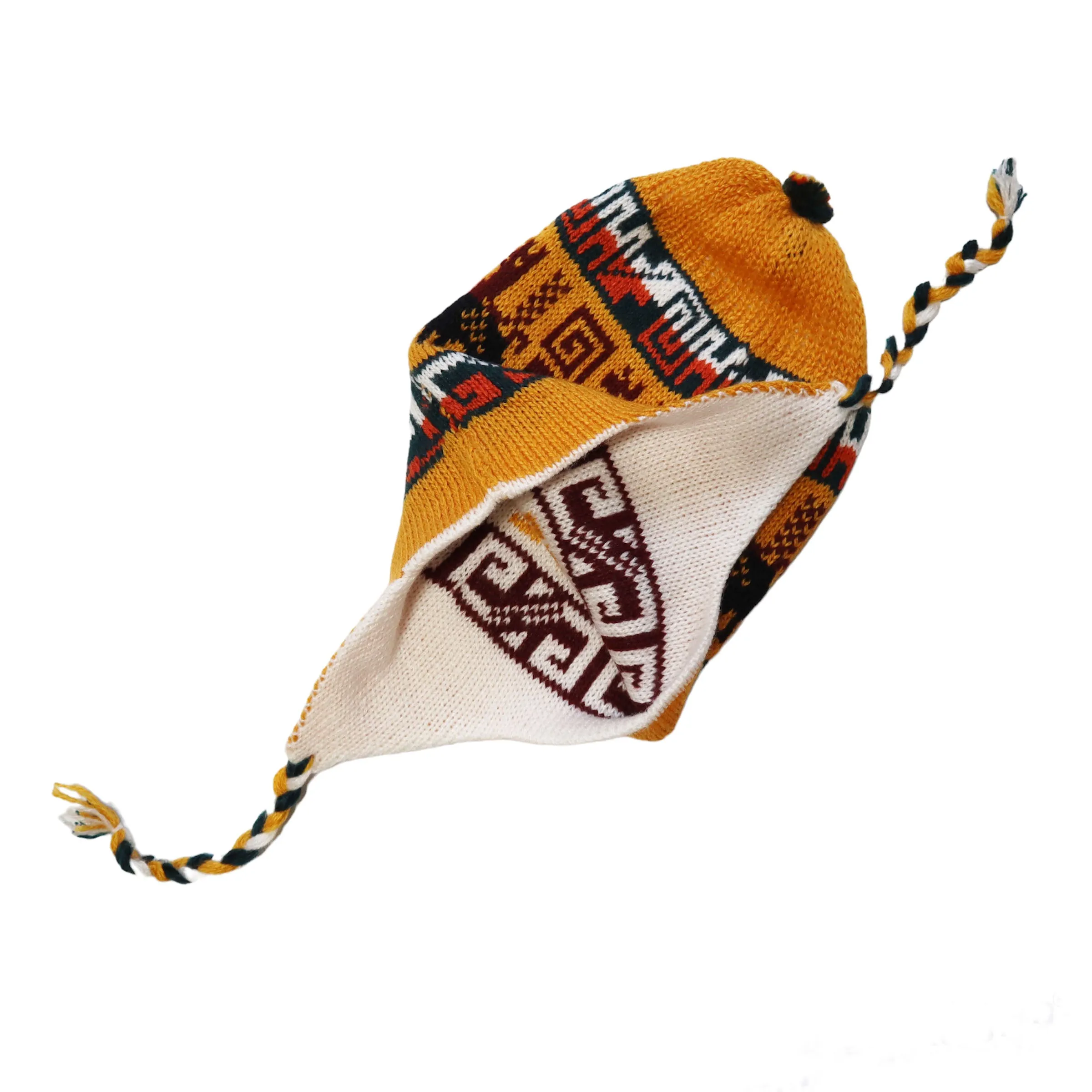 Chullo Alpaca Wool Blend Hat with Earflaps Reversible Yellow White. Unisex