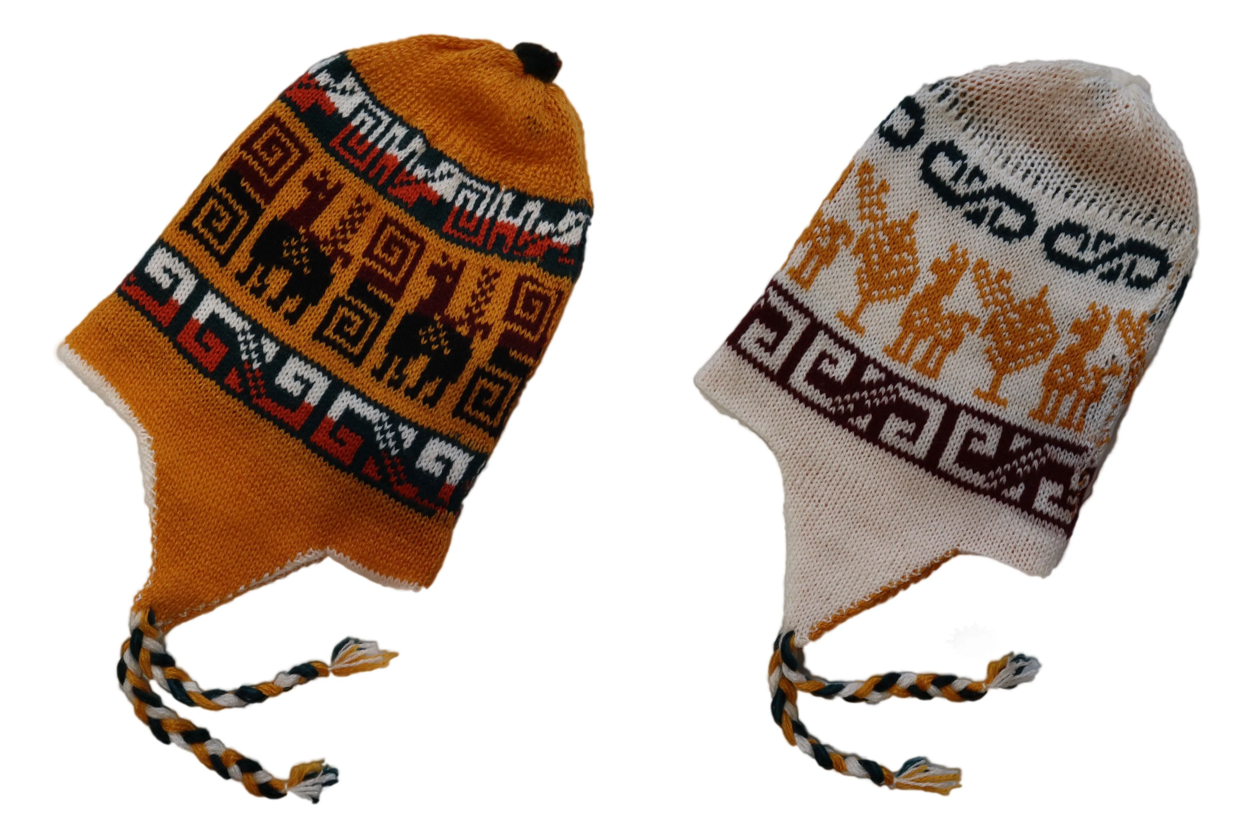 Chullo Alpaca Wool Blend Hat with Earflaps Reversible Yellow White. Unisex