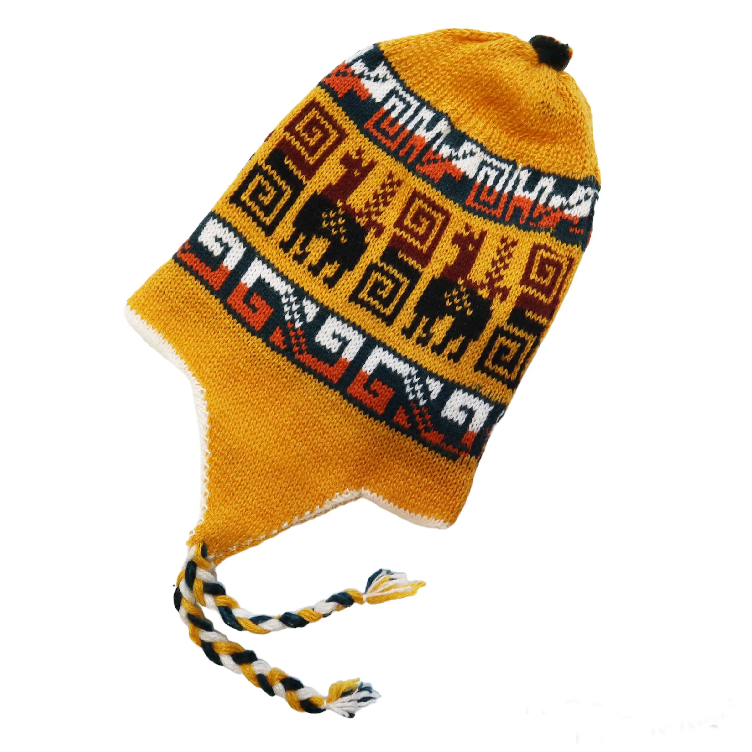 Chullo Alpaca Wool Blend Hat with Earflaps Reversible Yellow White. Unisex