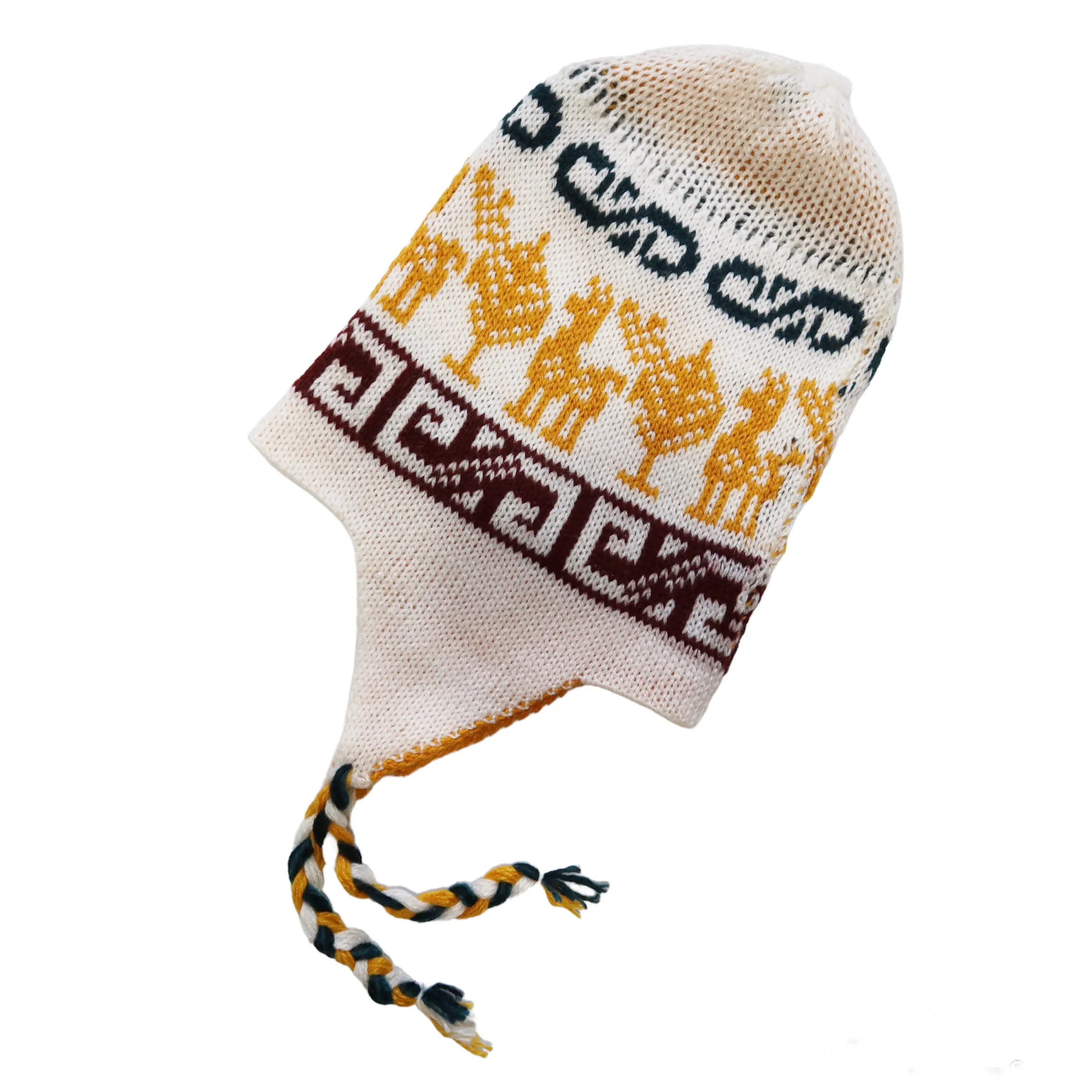 Chullo Alpaca Wool Blend Hat with Earflaps Reversible Yellow White. Unisex