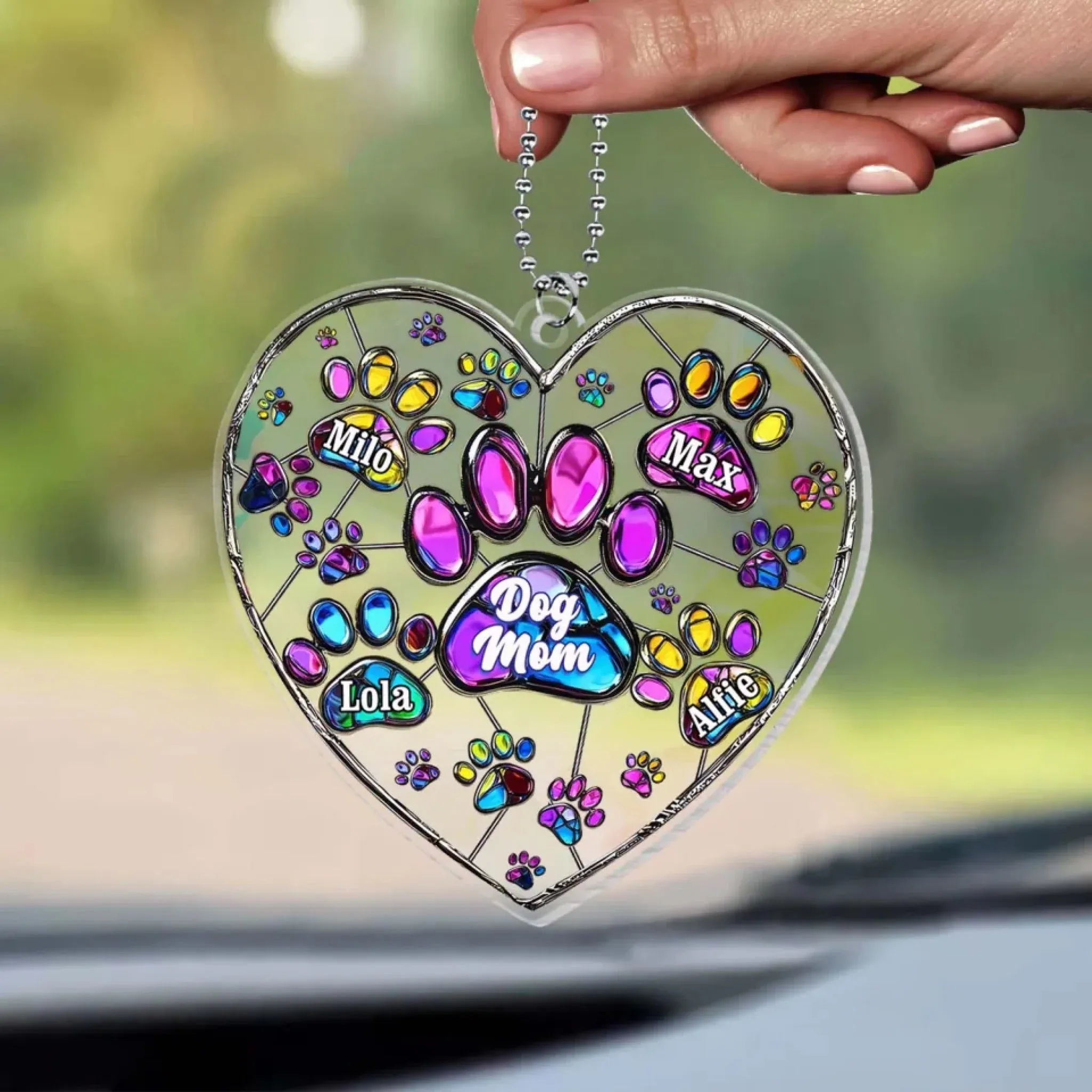Colorful Heart Paw Dog Mom - Personalized Acrylic Car Hanger, Gift For Dog Lover