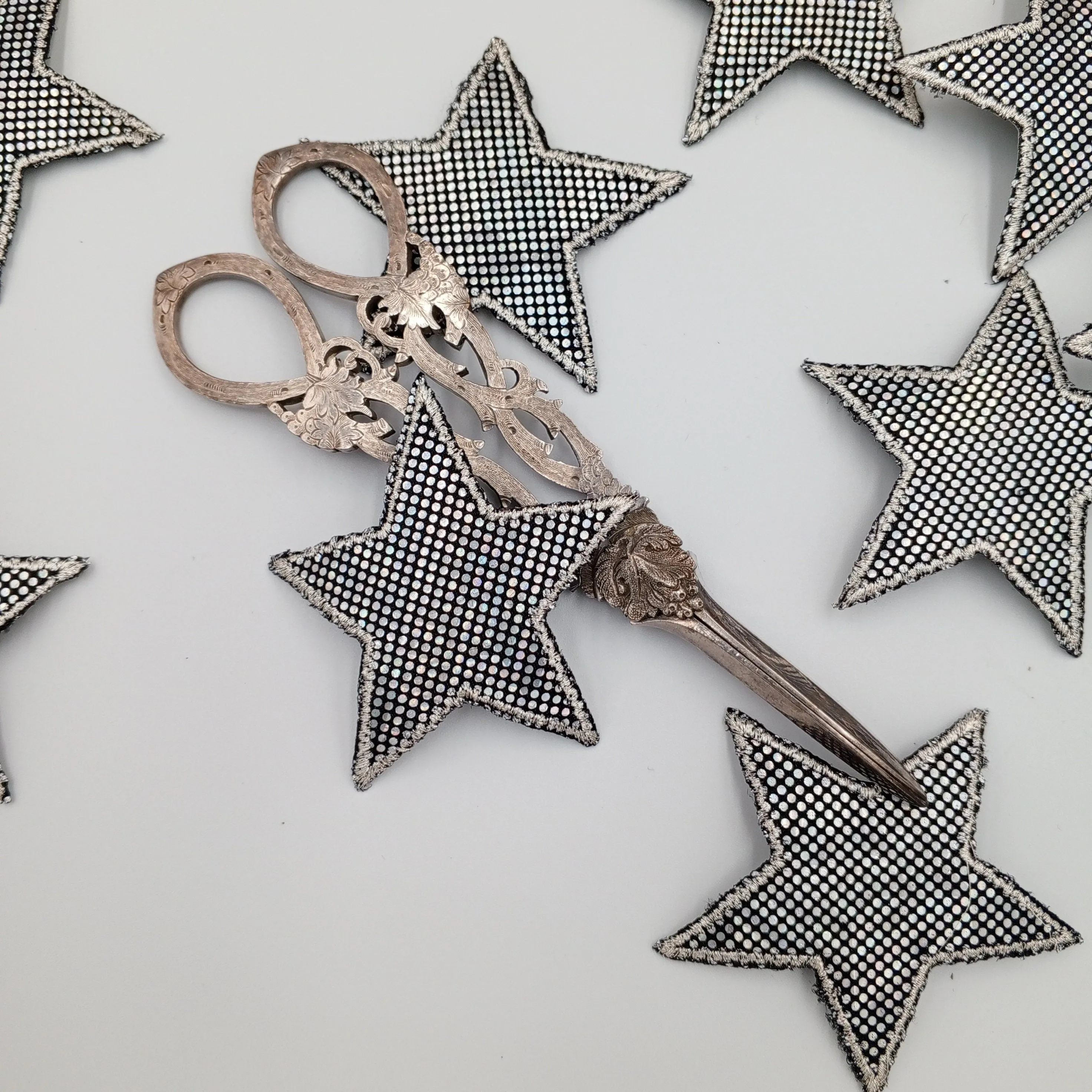 Dazzling Silver Metallic Hologram Black Star Patch Iron on Authentic Retro Applique Star Embellishment Bags Hats Jackets Jeans Backpack #625