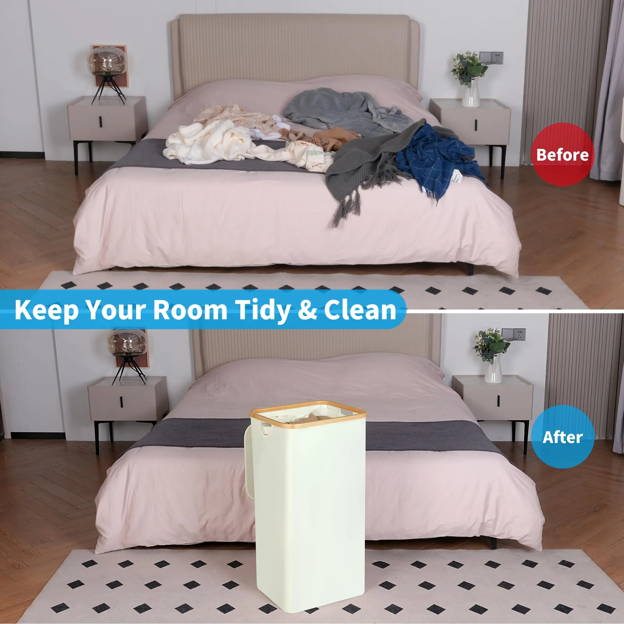 efluky Collapsible Laundry Hamper with Lid Inner Bag & Bamboo Handles for Bedroom and Bathroom 100L