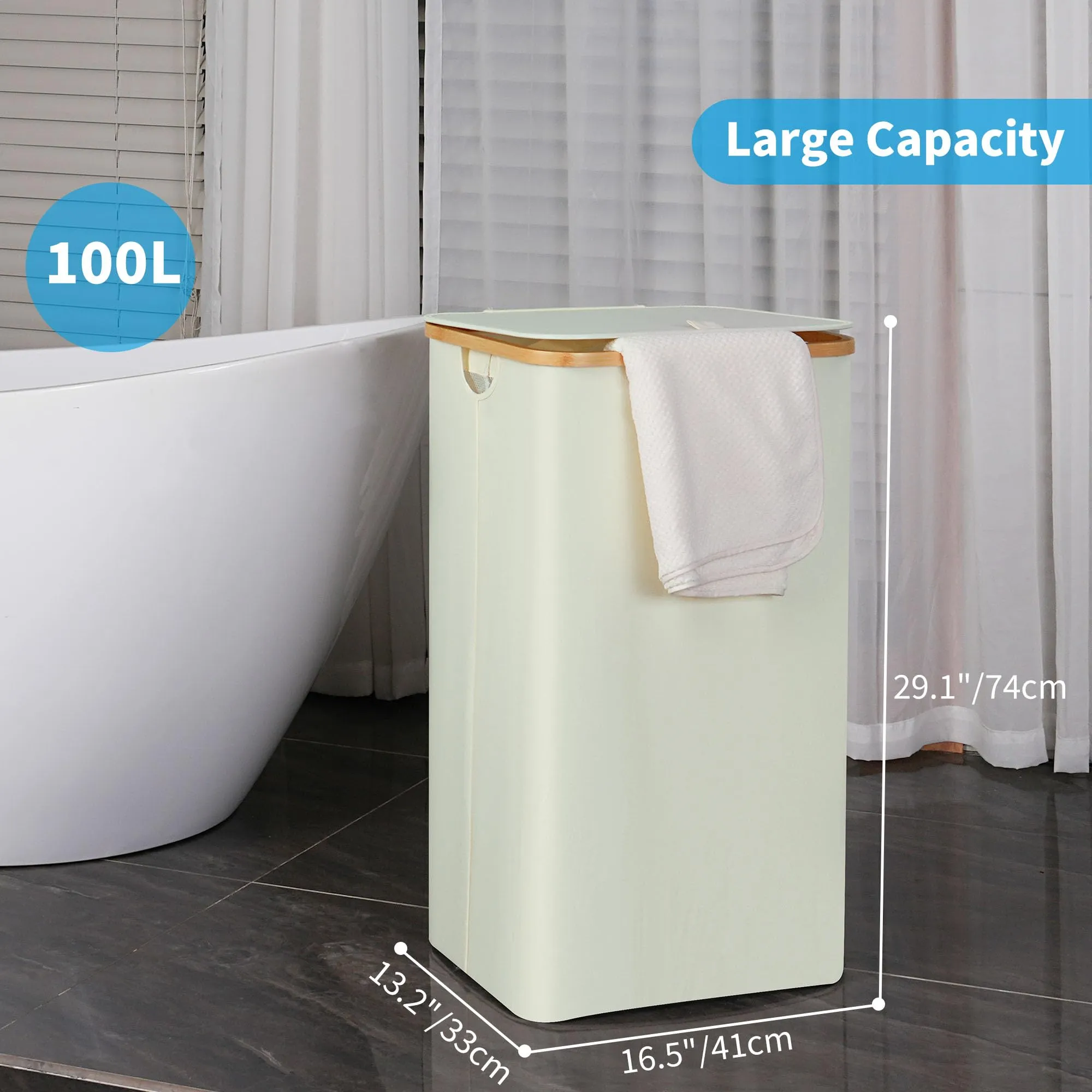 efluky Collapsible Laundry Hamper with Lid Inner Bag & Bamboo Handles for Bedroom and Bathroom 100L